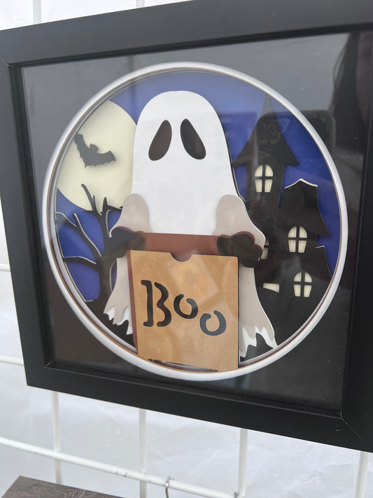 Trick or treat ghost 3D paper art in a shadowbox