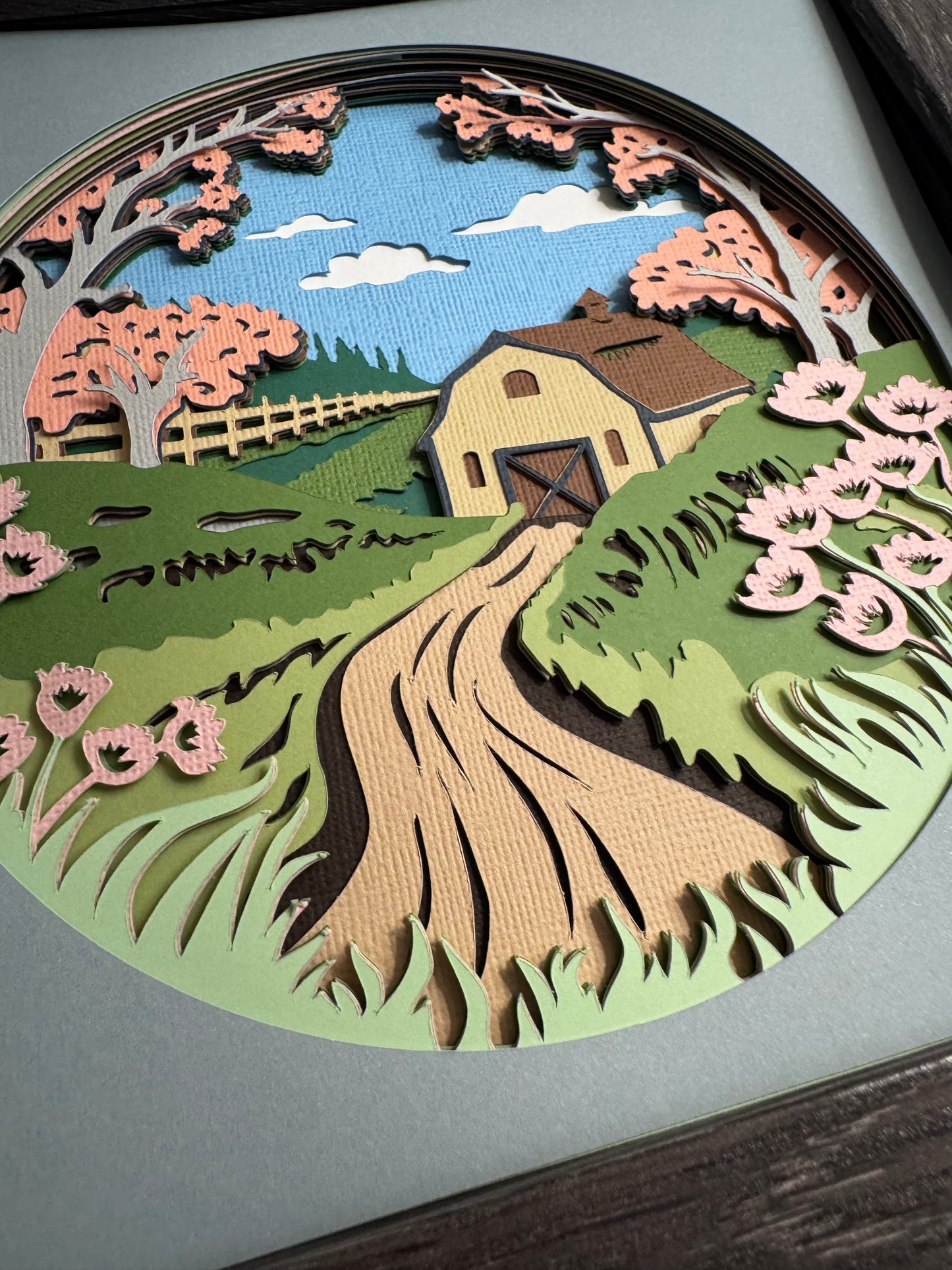 Spring barn 3D paper art in a shadowbox