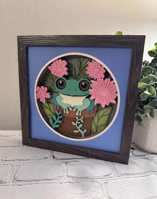 Frog in a flower pot 3D paper art in a shadowbox