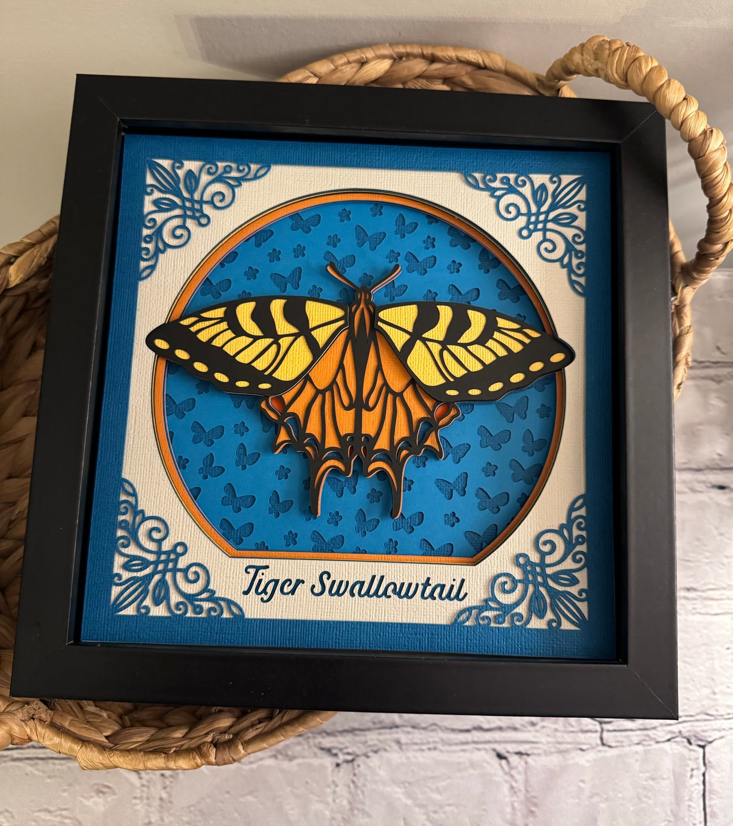 Intricate frame tiger swallowtail butterfly 3D paper art in a shadowbox
