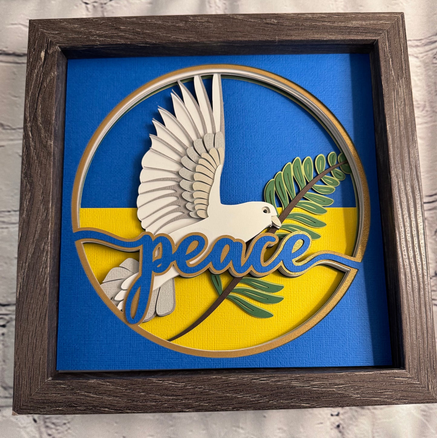 Ukraine peace dove 3D paper art in a shadowbox