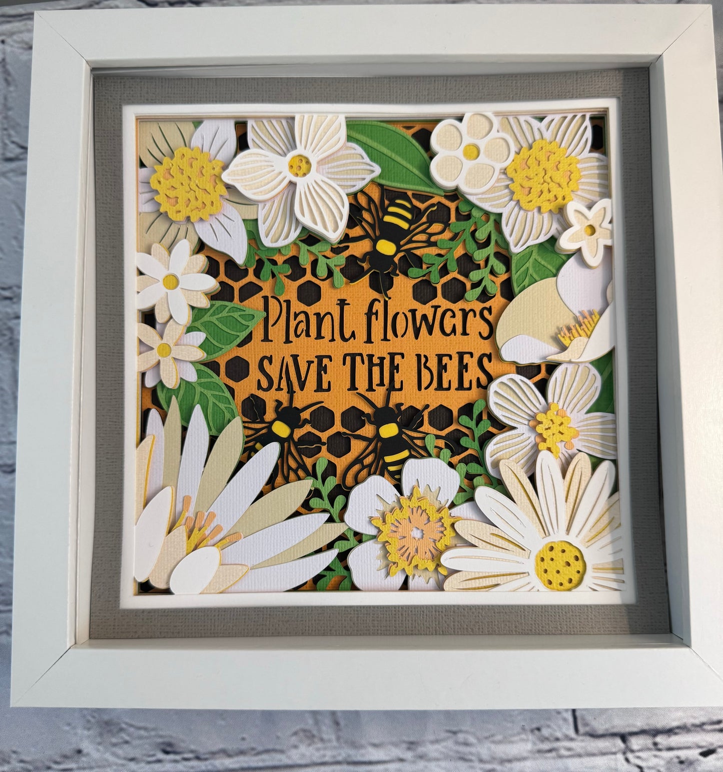 Plant flowers save the bees 3D paper art in a shadowbox