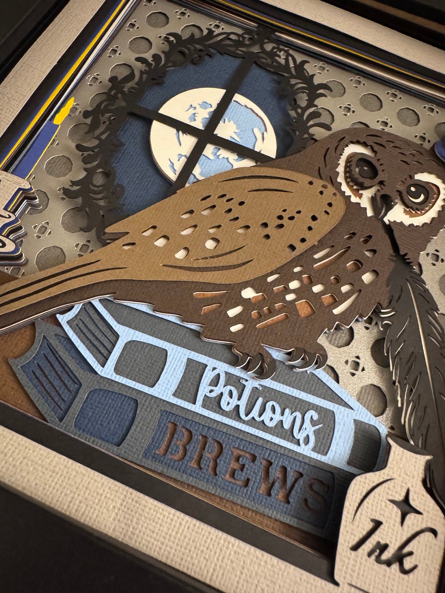 Owl with potions and brew books 3D paper art in a shadowbox