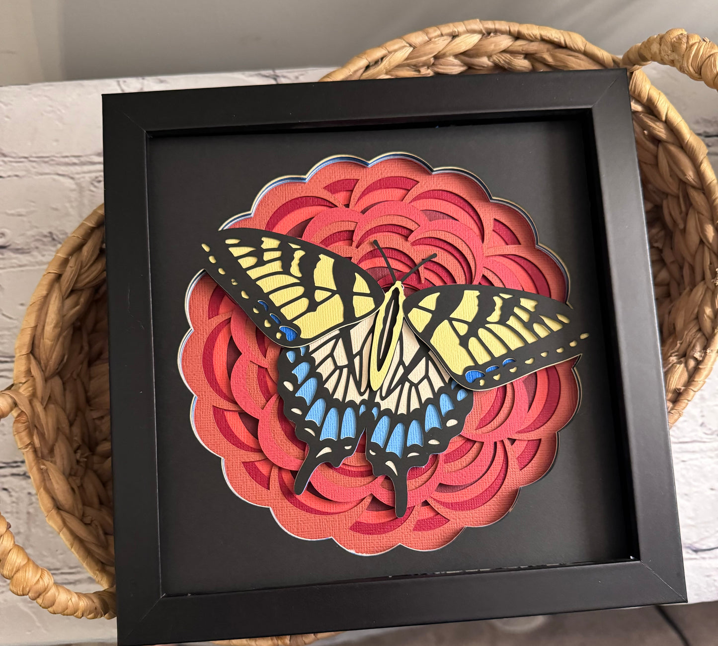Red flower with blue and yellow butterfly 3D paper art in a shadowbox