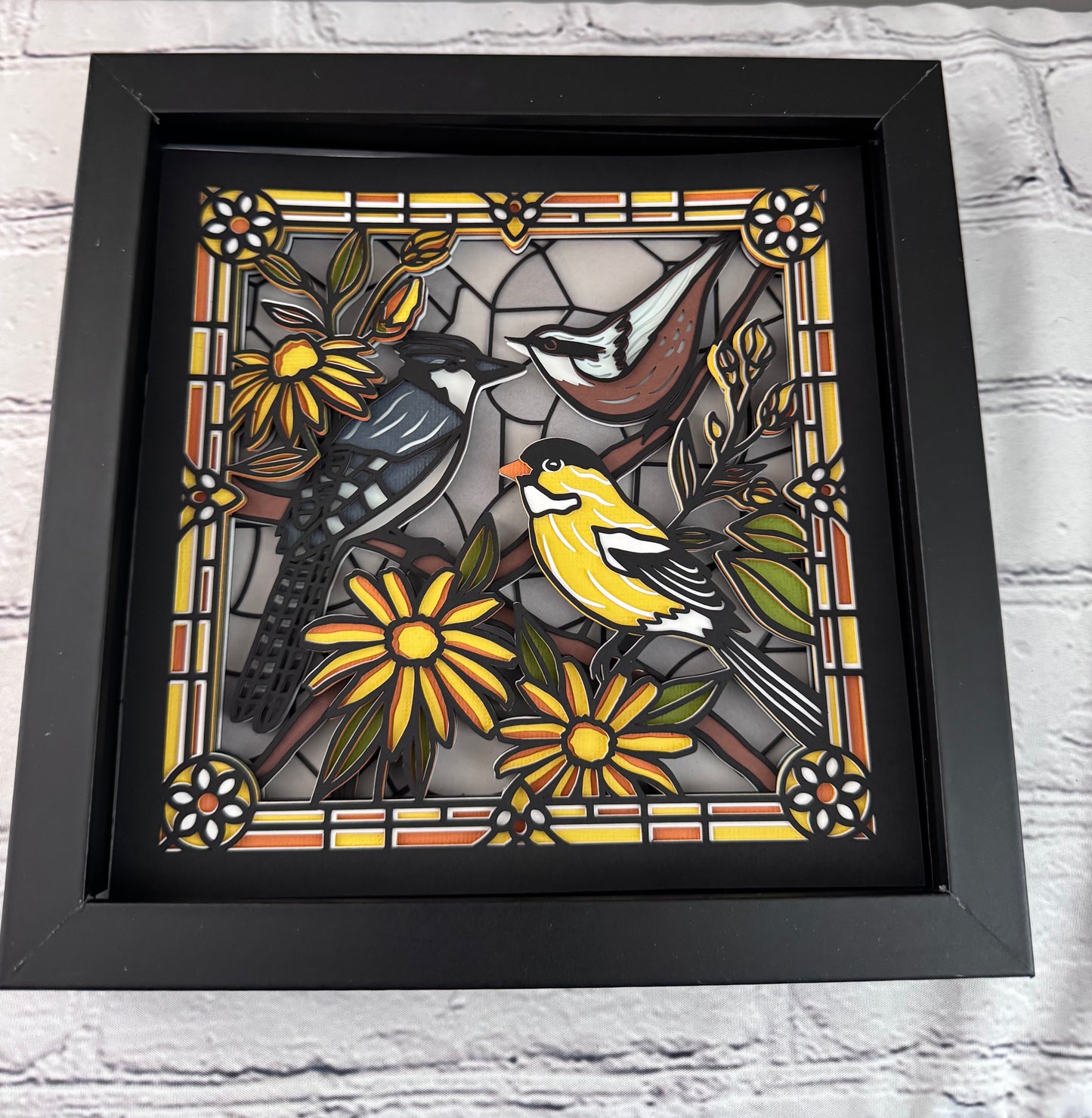 Stained glass bluebird and flowers 3D paper art in a shadowbox