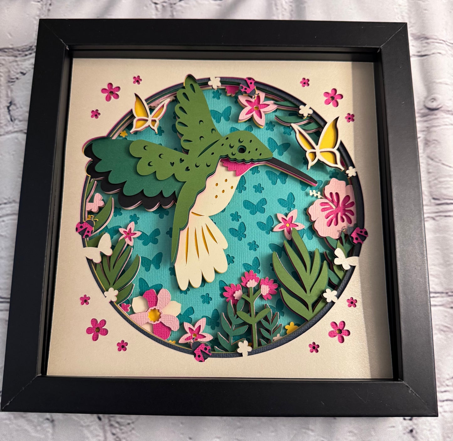Floral hummingbird 3D paper art in a shadowbox
