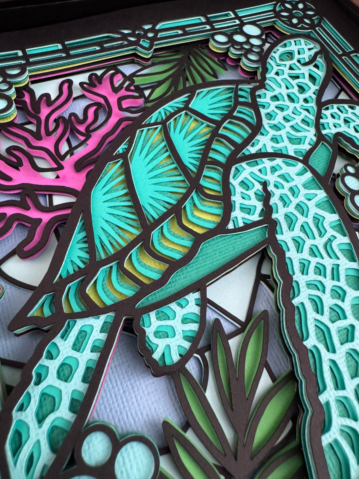 Stained glass sea turtle 3D paper art in a shadowbox