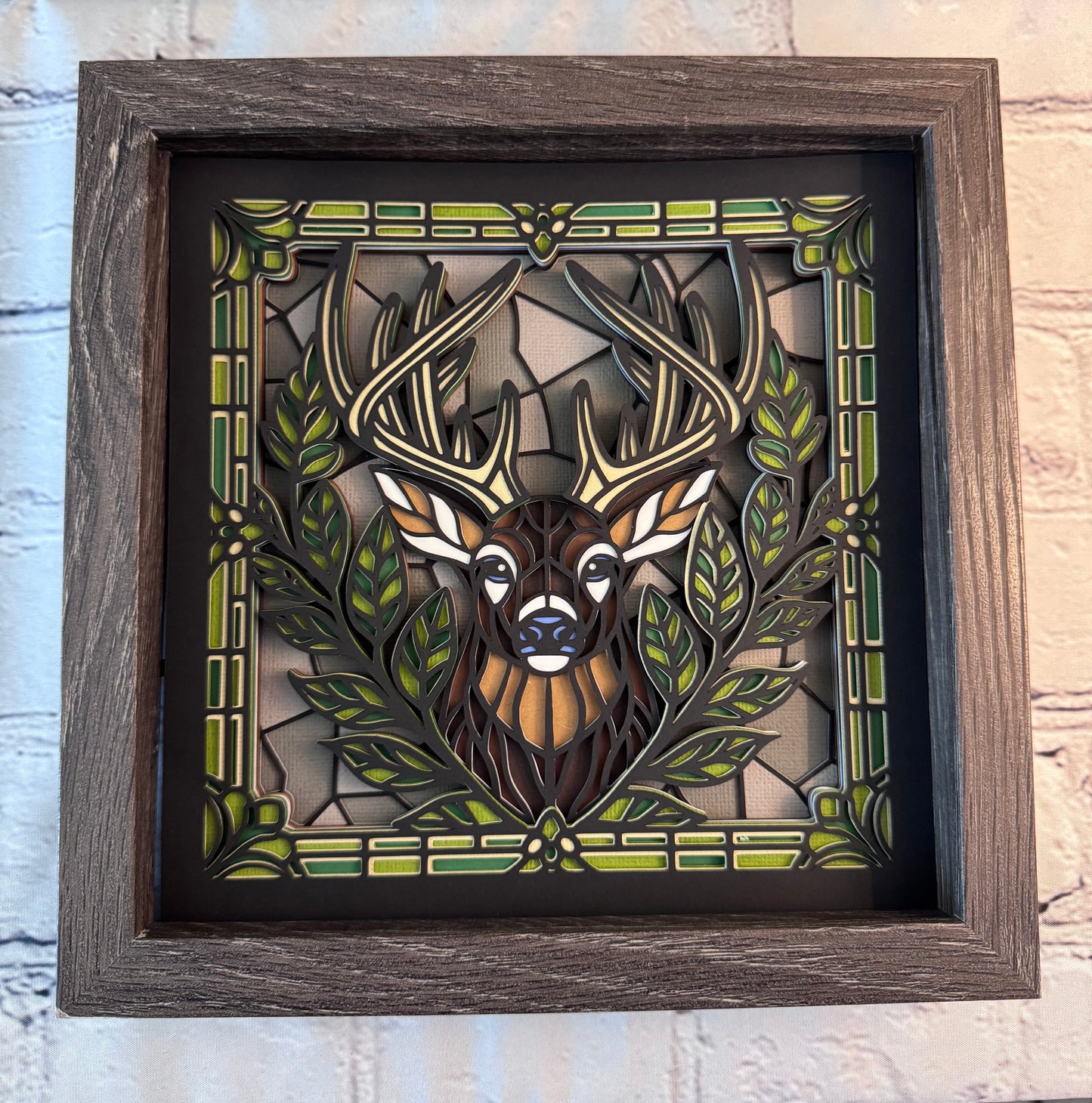Stained glass buck 3D paper art in a shadowbox