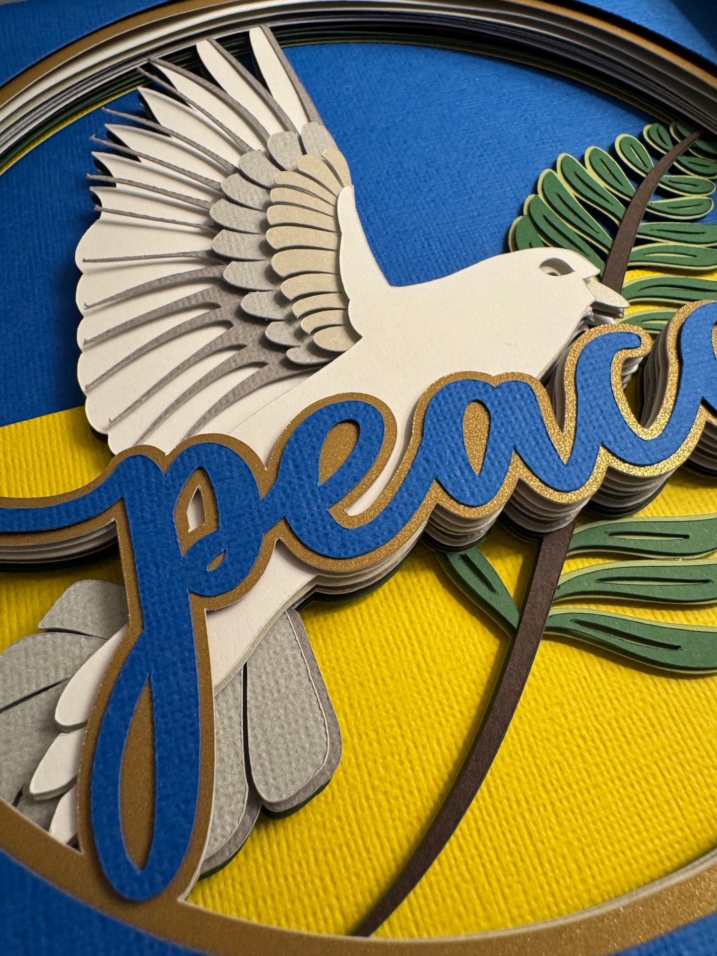 Ukraine peace dove 3D paper art in a shadowbox