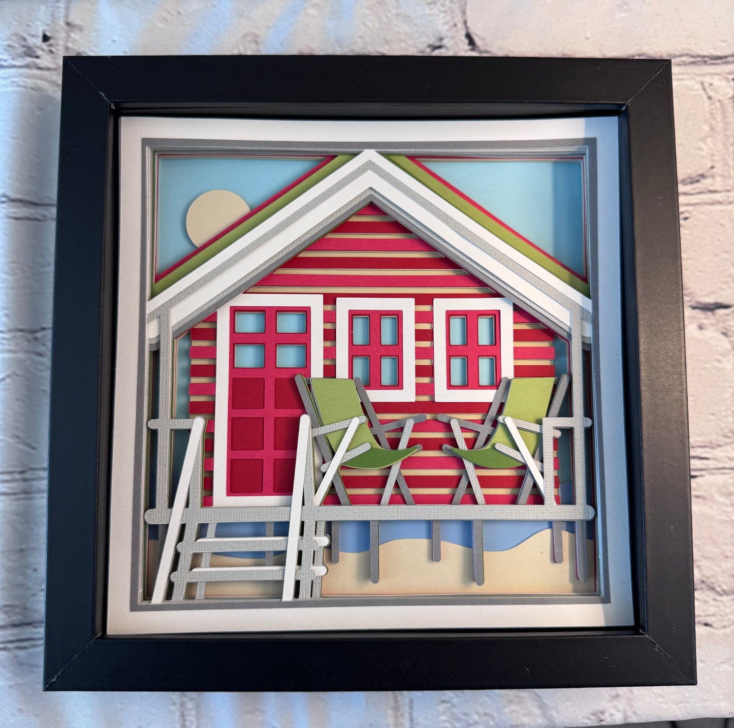 Beach house 3D paper art in a shadowbox