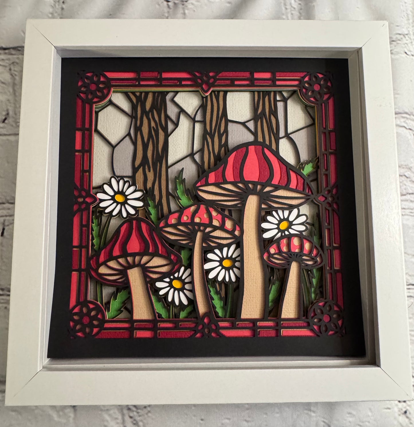 Stained glass mushroom forest 3D paper art in a shadowbox