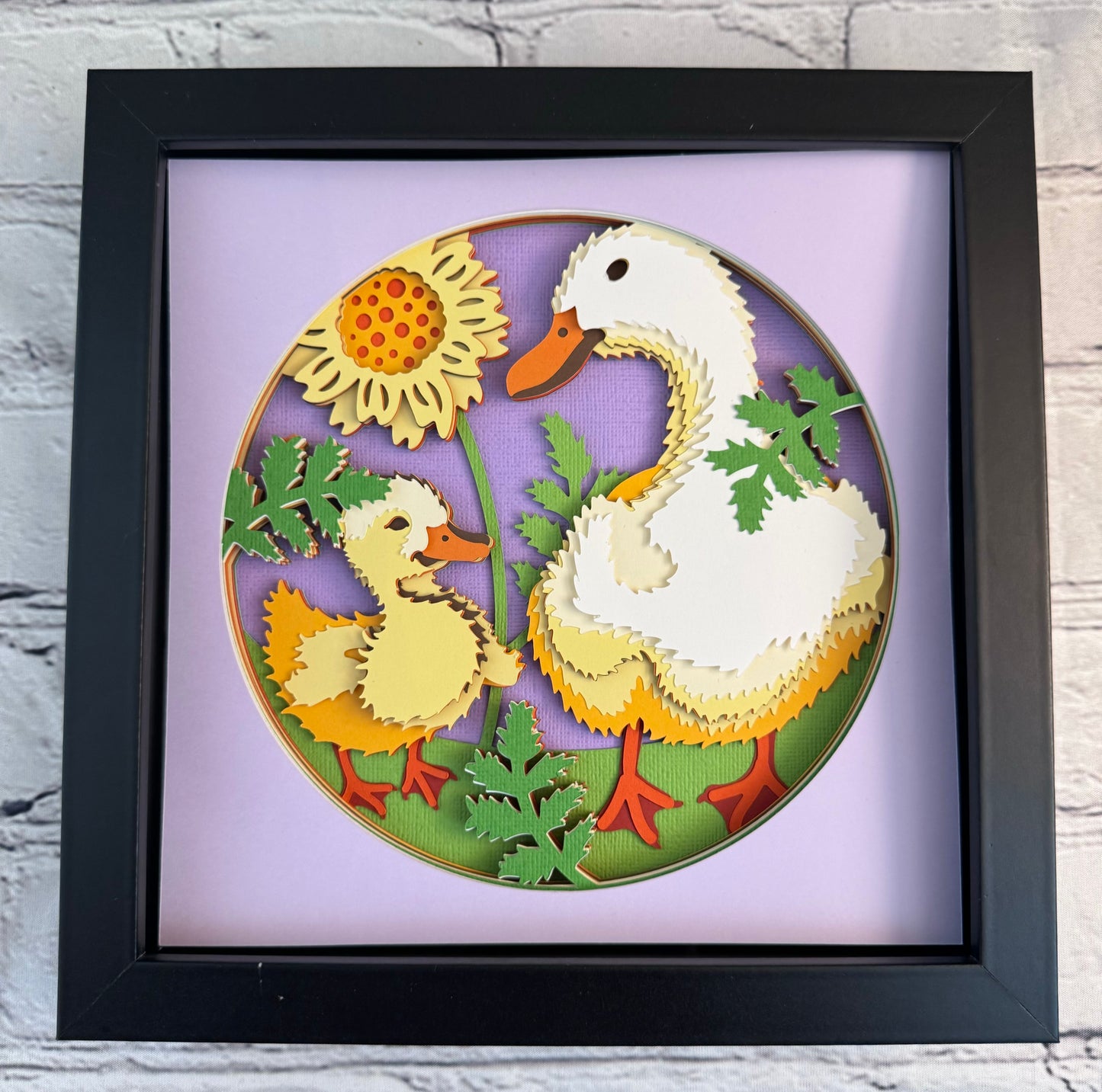 Mama duck and duckling 3D paper art in a shadowbox