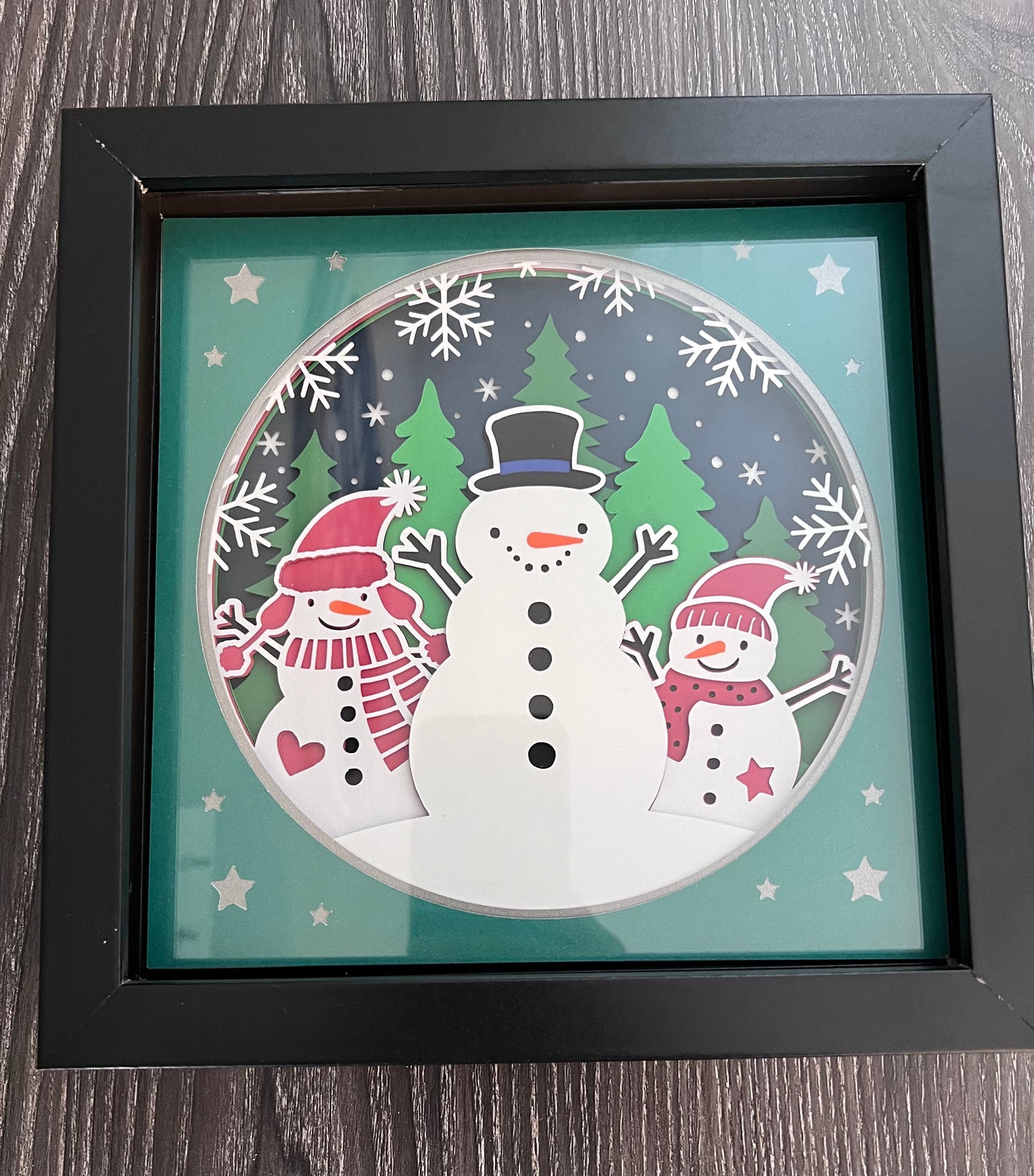 Snowman trio 3D paper art in a shadowbox