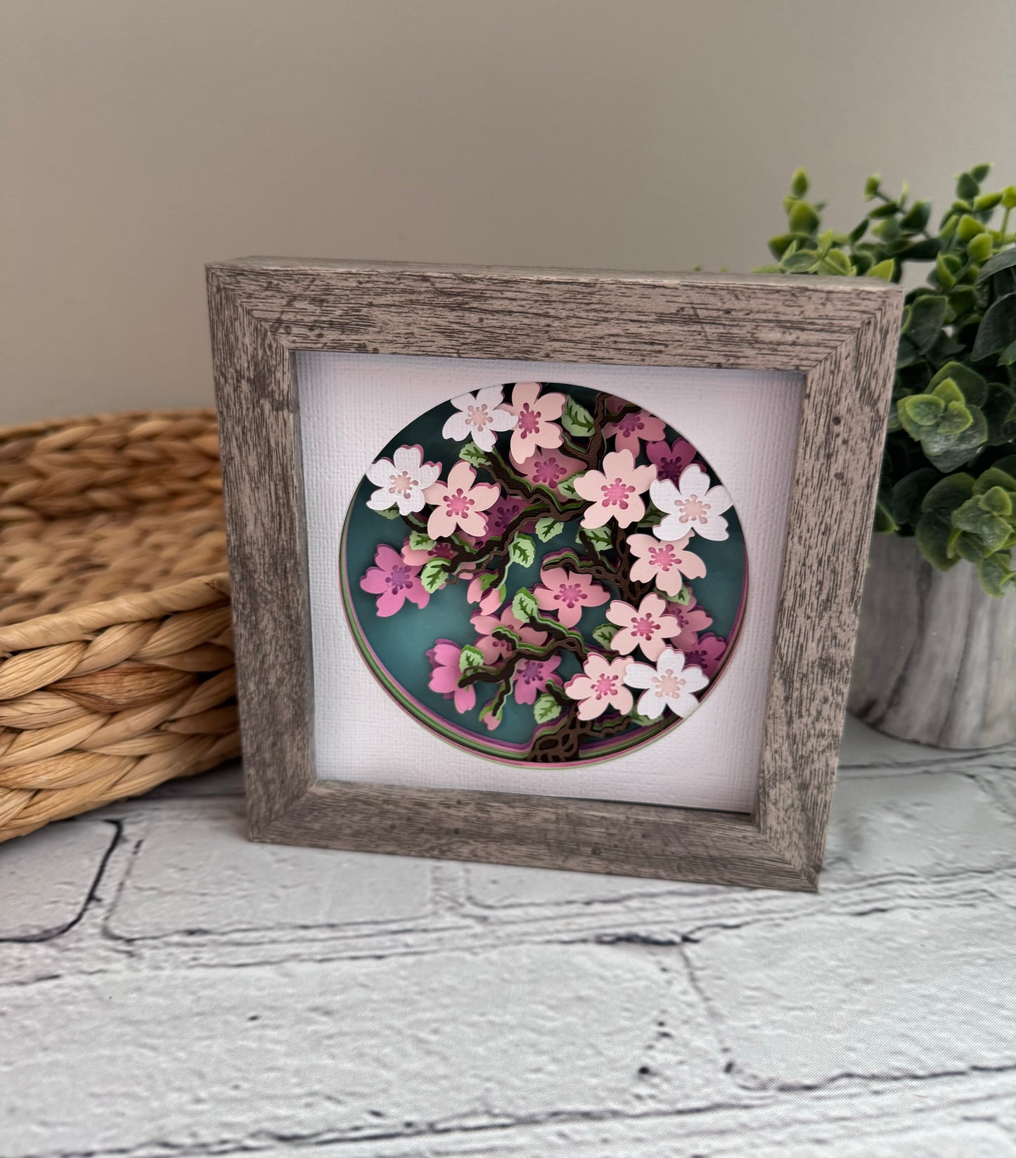Cherry blossom branch mini 3D paper art in a shadowbox