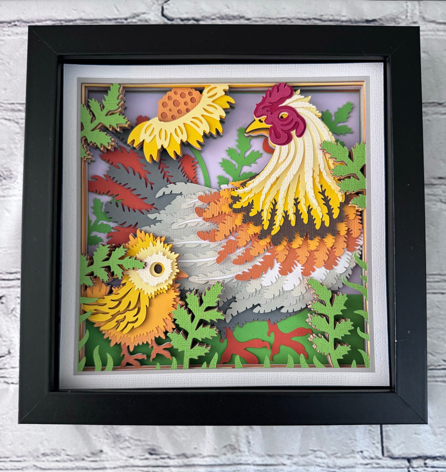 Chicken mama and chicks design 3D paper art in a shadowbox