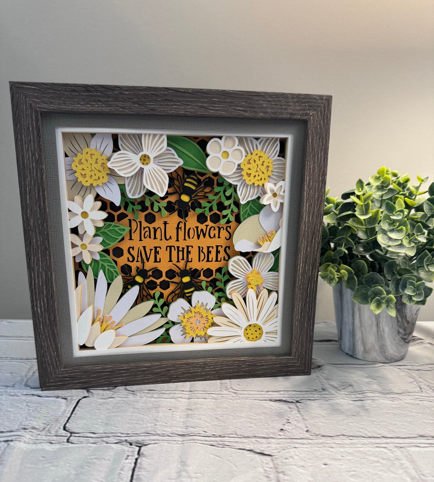 Plant flowers save the bees 3D paper art in a shadowbox