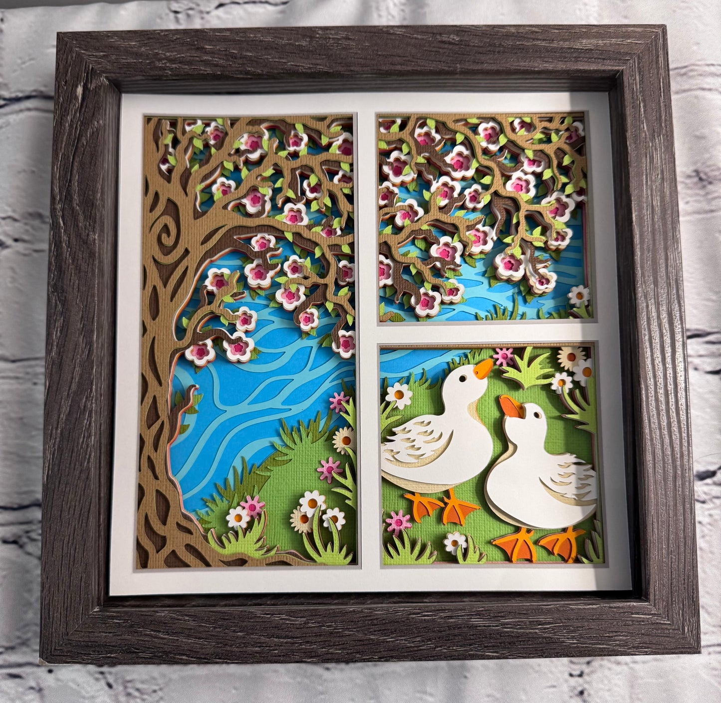 Spring ducks with flowering tree 3D paper art in a shadowbox
