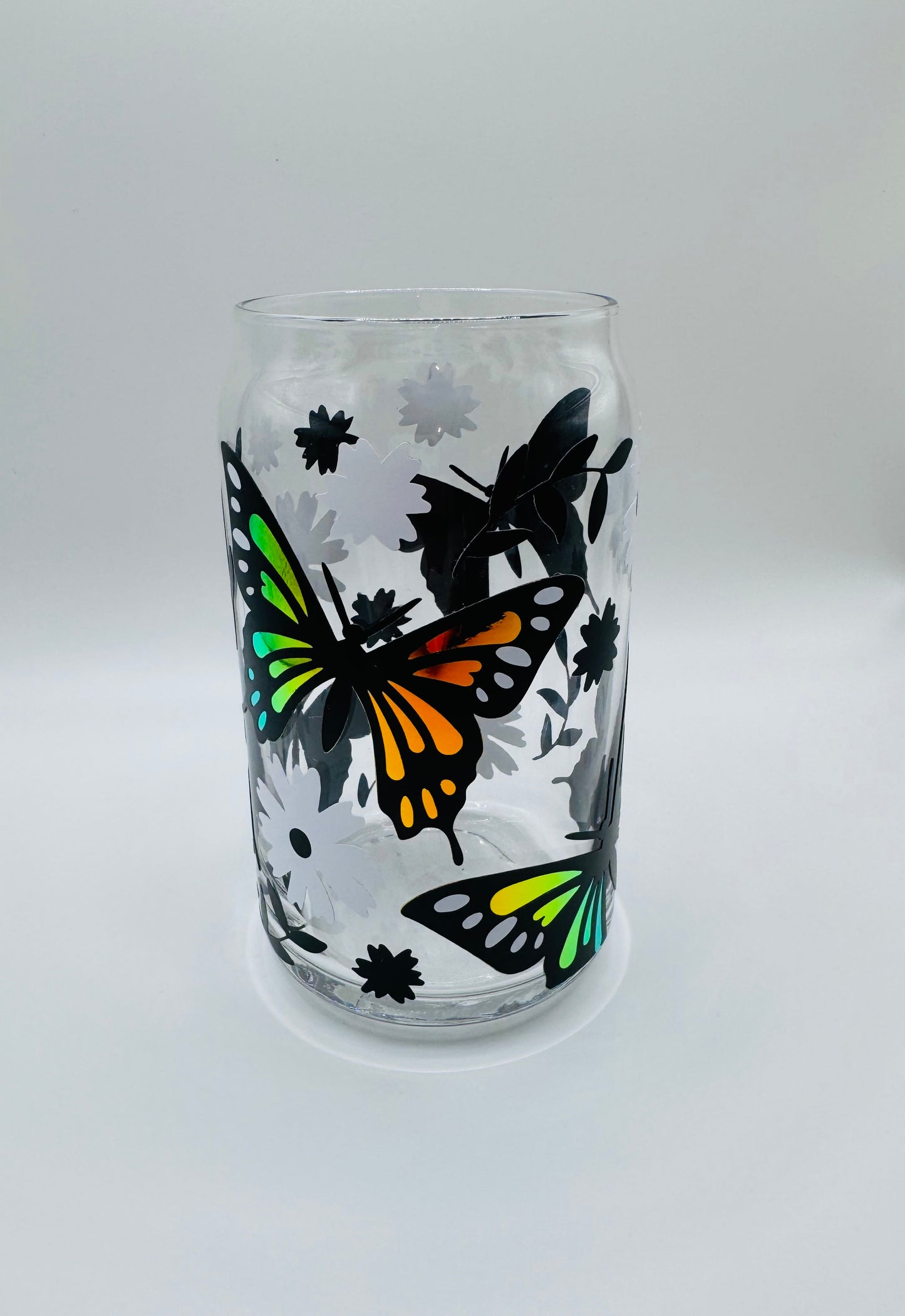 Holographic monarch butterfly beer can glass