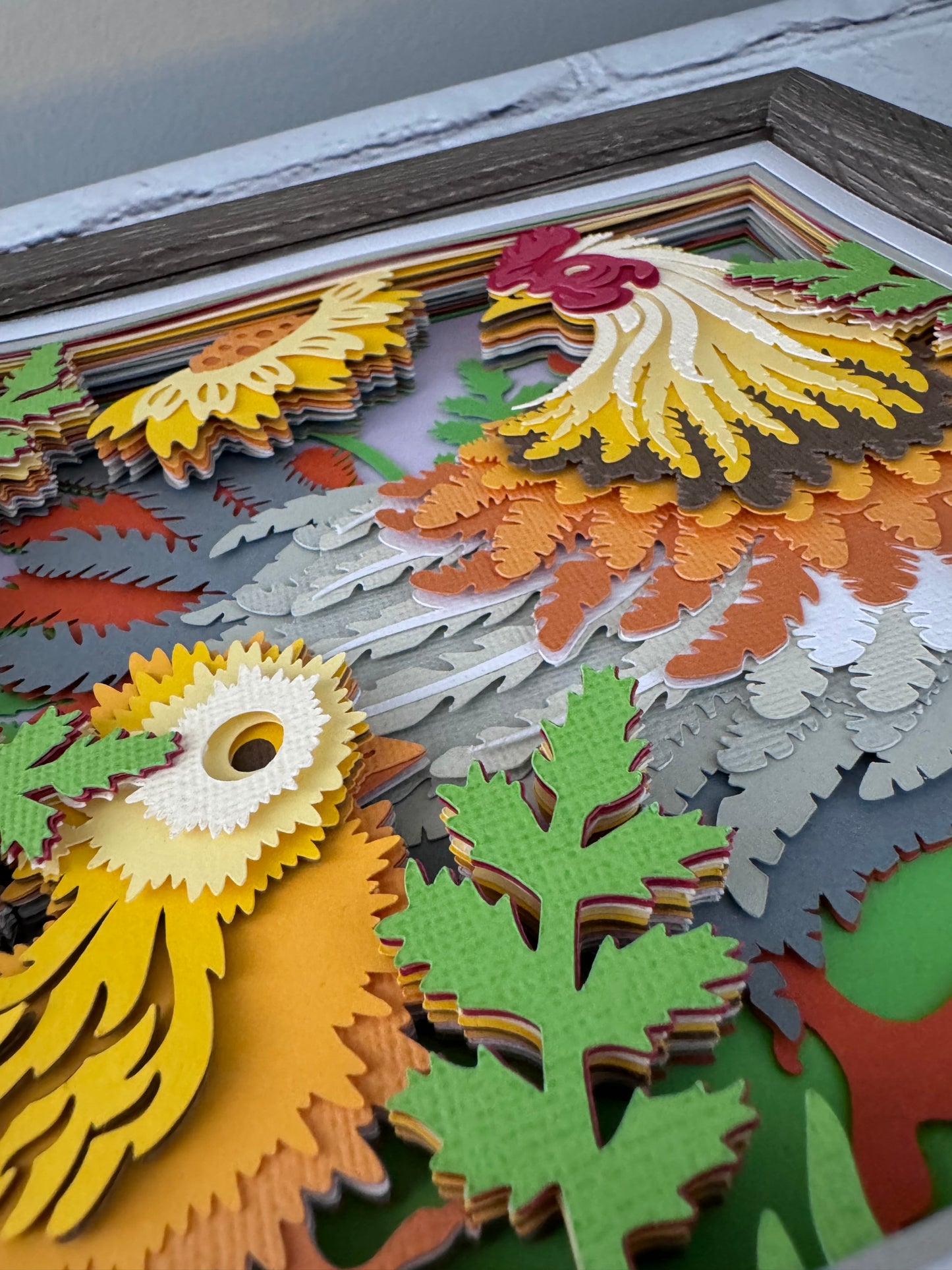 Chicken mama and chicks design 3D paper art in a shadowbox