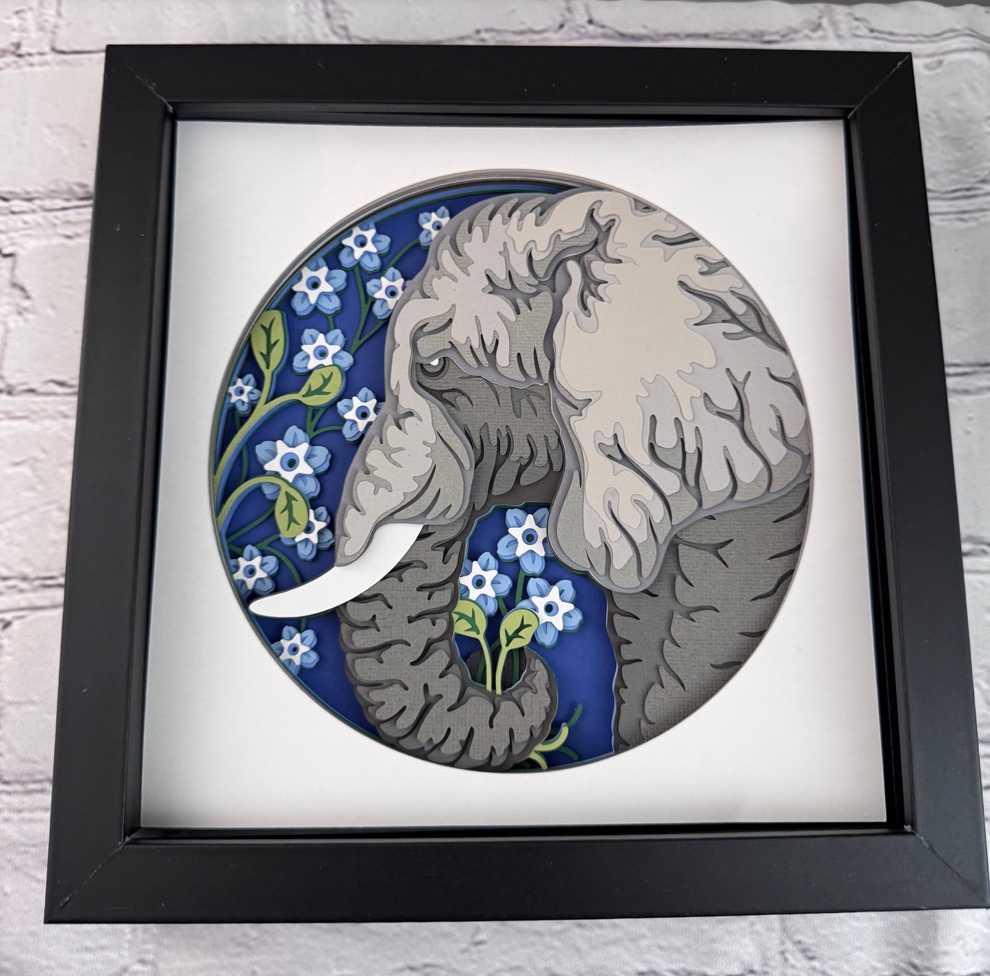 Elephant 3D paper art in a shadowbox