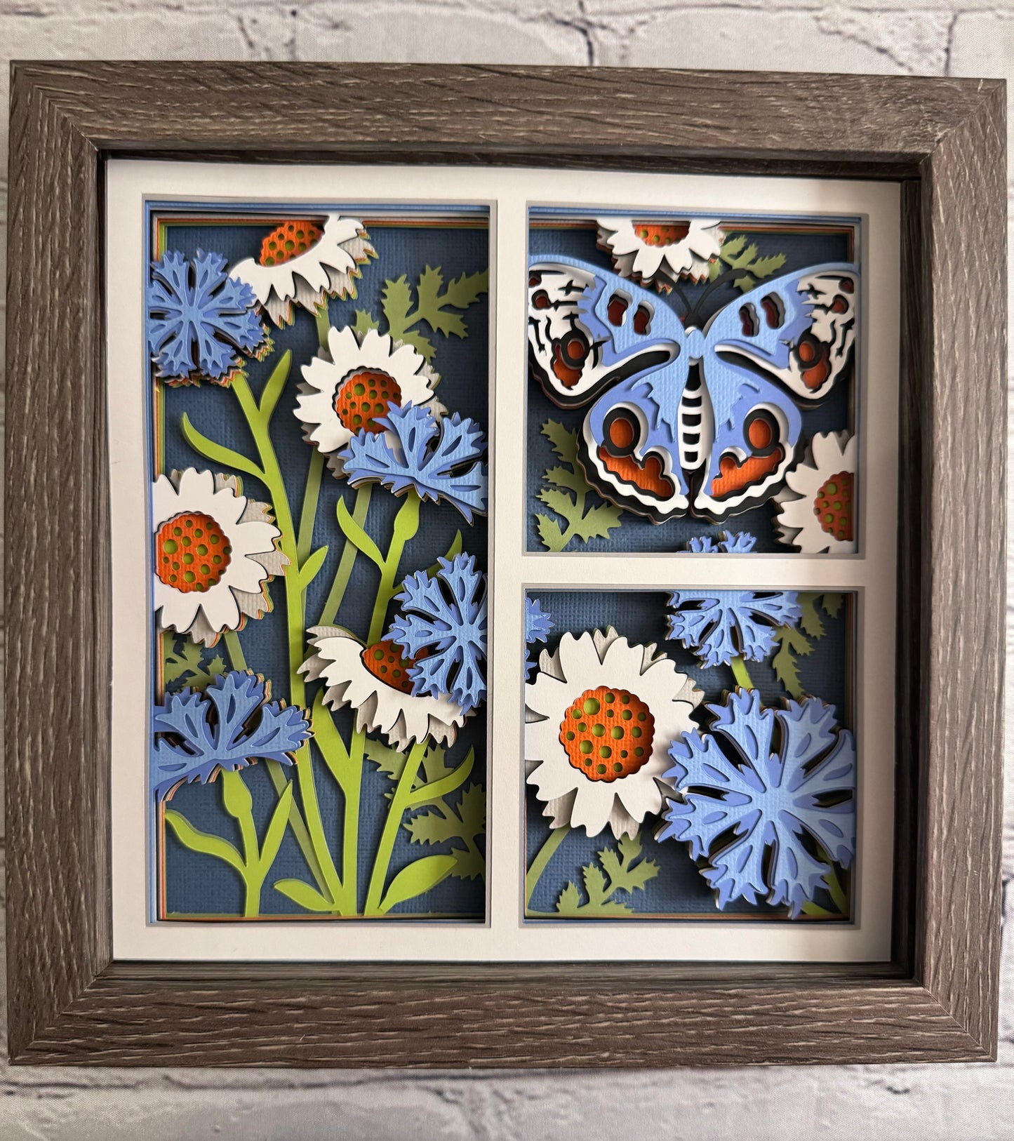 Butterfly 3 panel scene cornflower butterfly 3D paper art in a shadowbox
