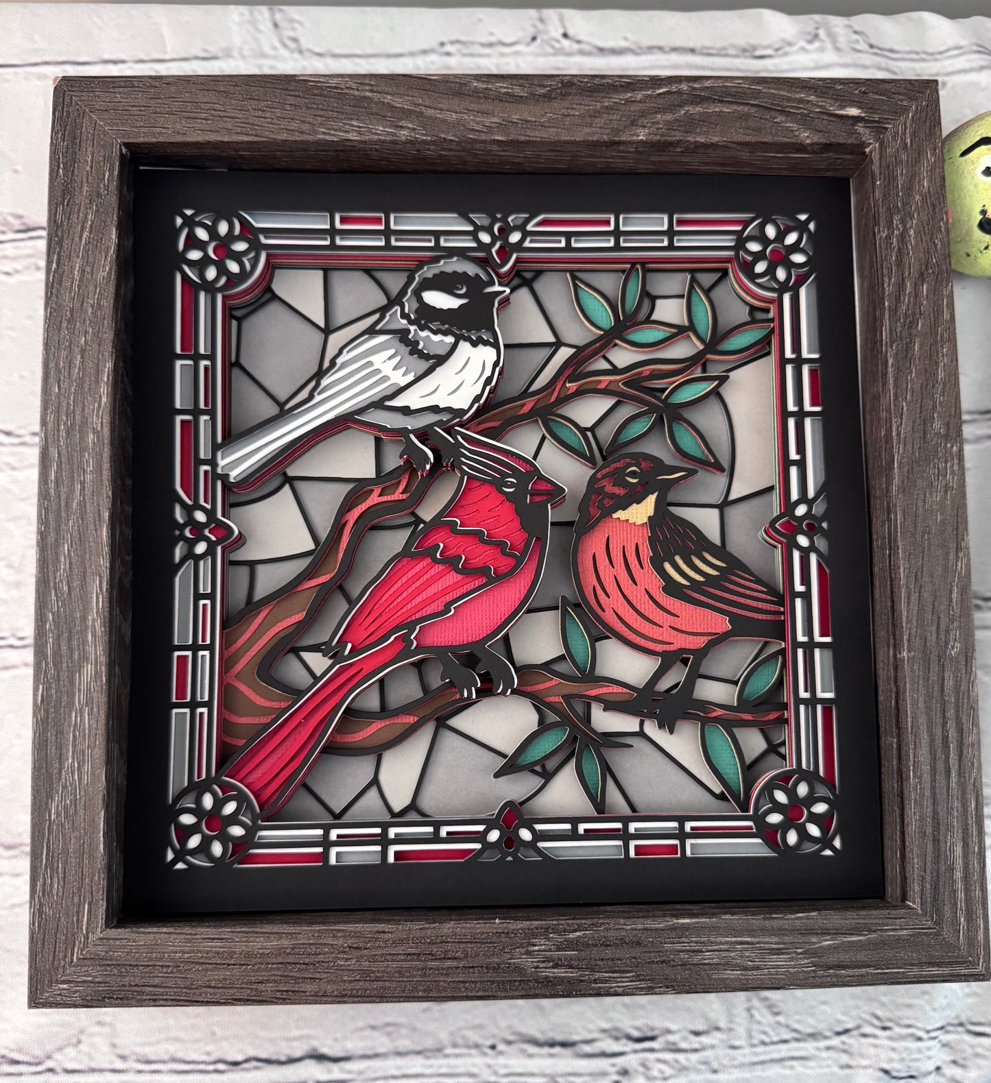 Stained glass redbird and flowers 3D paper art in a shadowbox