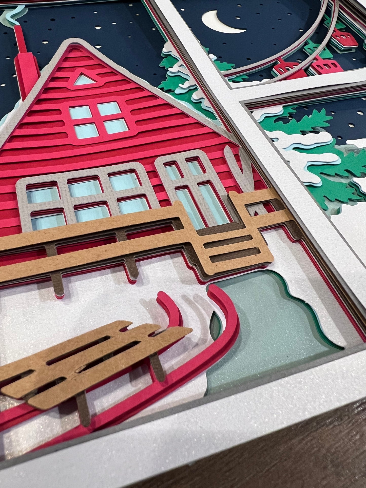 Winter cabin with moose 3D paper art in a shadowbox