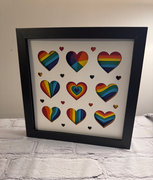 Rainbow hearts pride 3D paper art in a shadowbox