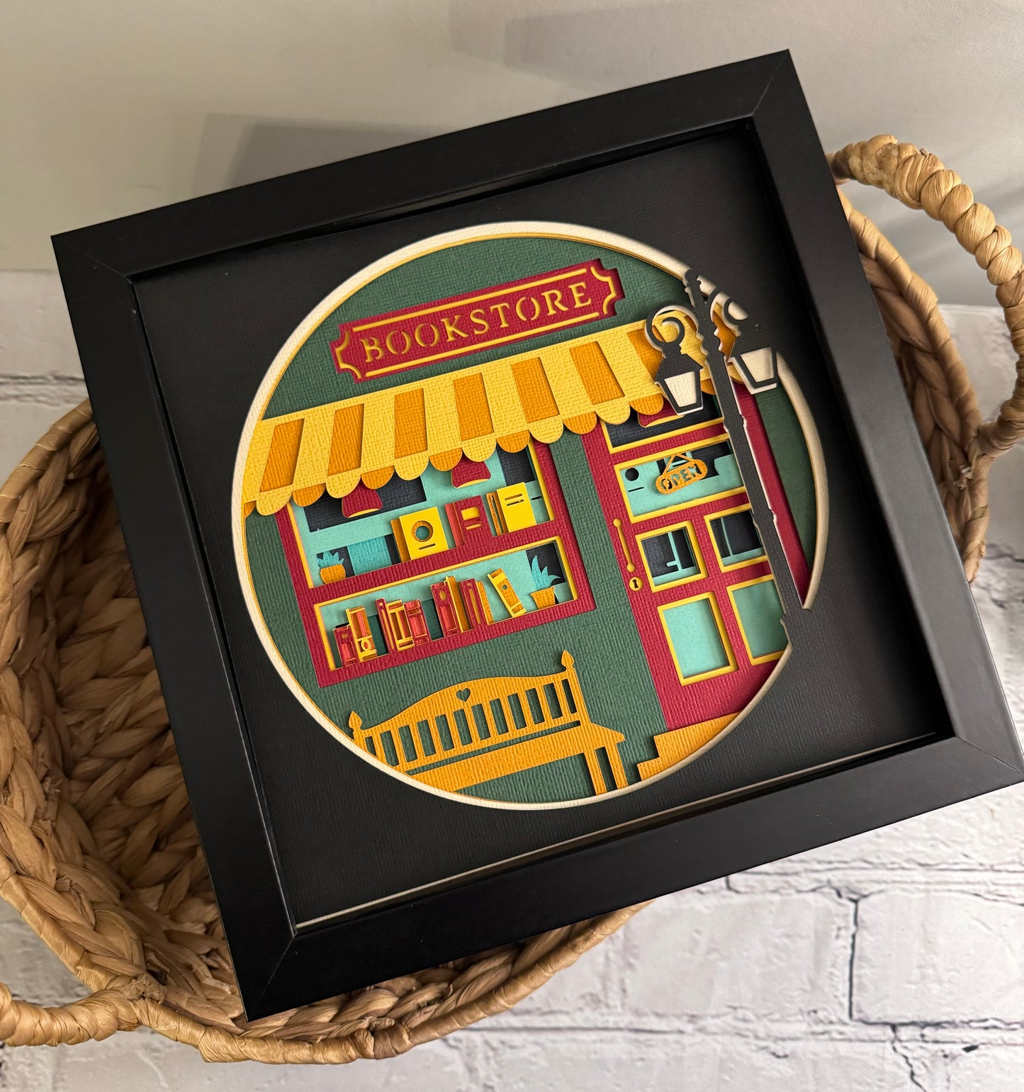 Bookstore 3D paper art in a shadowbox