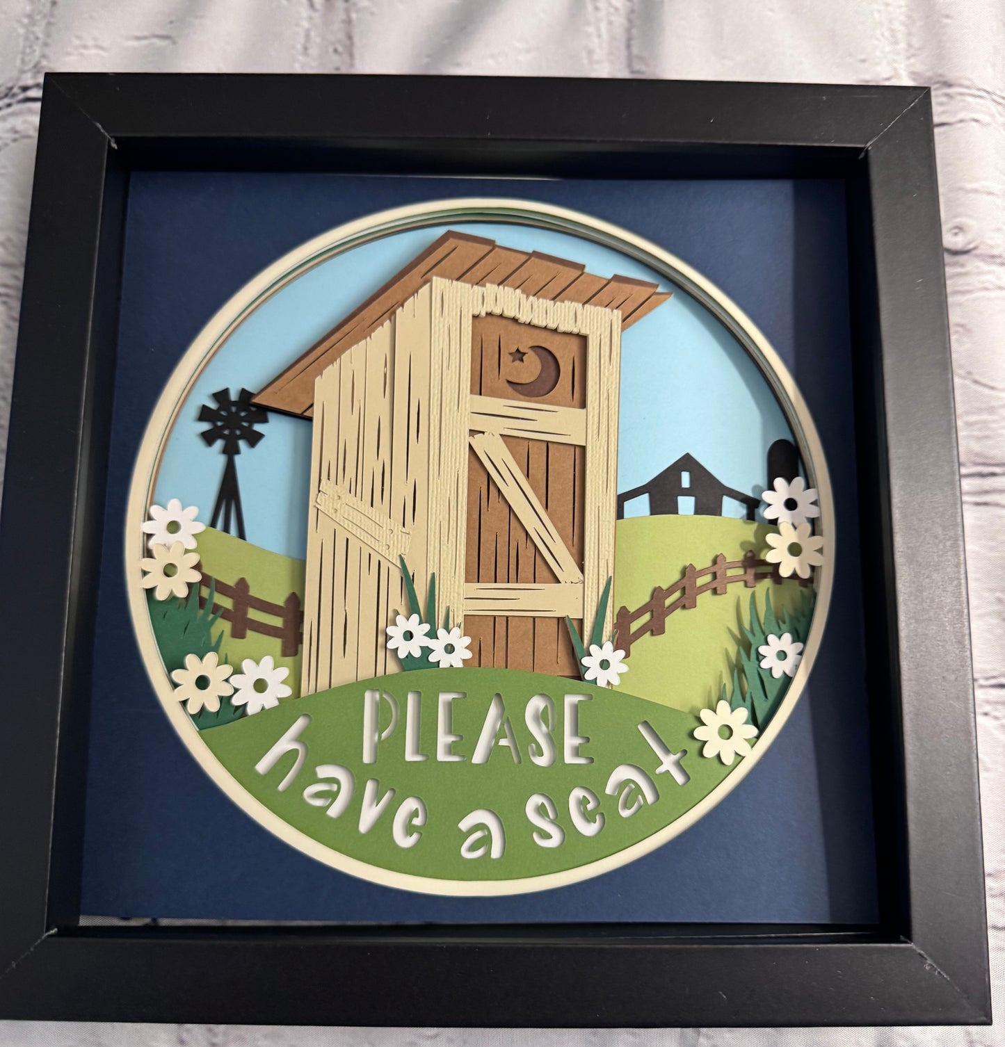 Have a seat outhouse 3D paper art in a shadowbox