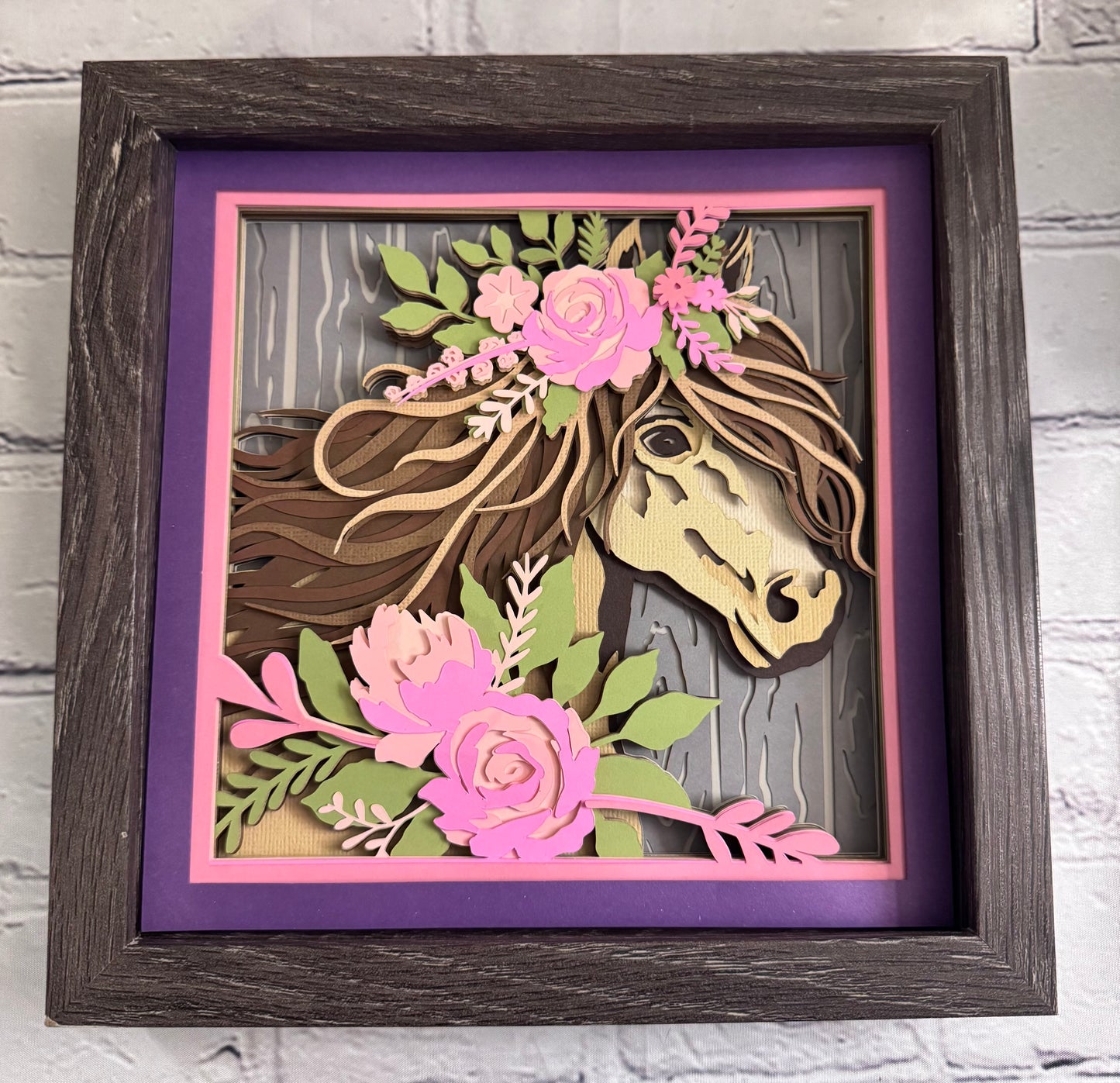 Horse with flowers 3D paper art in a shadowbox