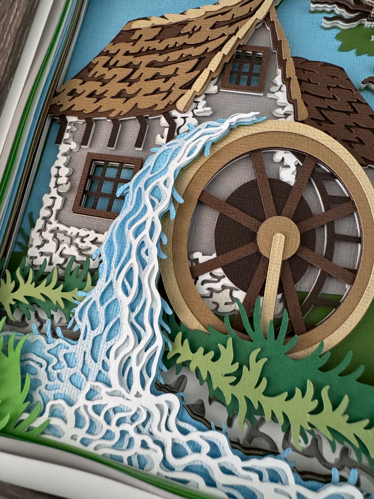 Gristmill with water wheel design 3D paper art in a shadowbox