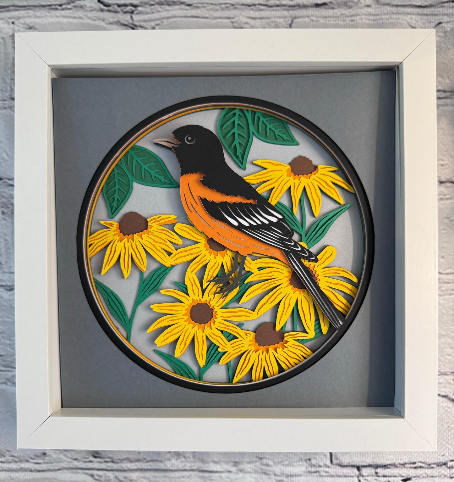 Baltimore oriole Maryland state bird 3D paper art in a shadowbox