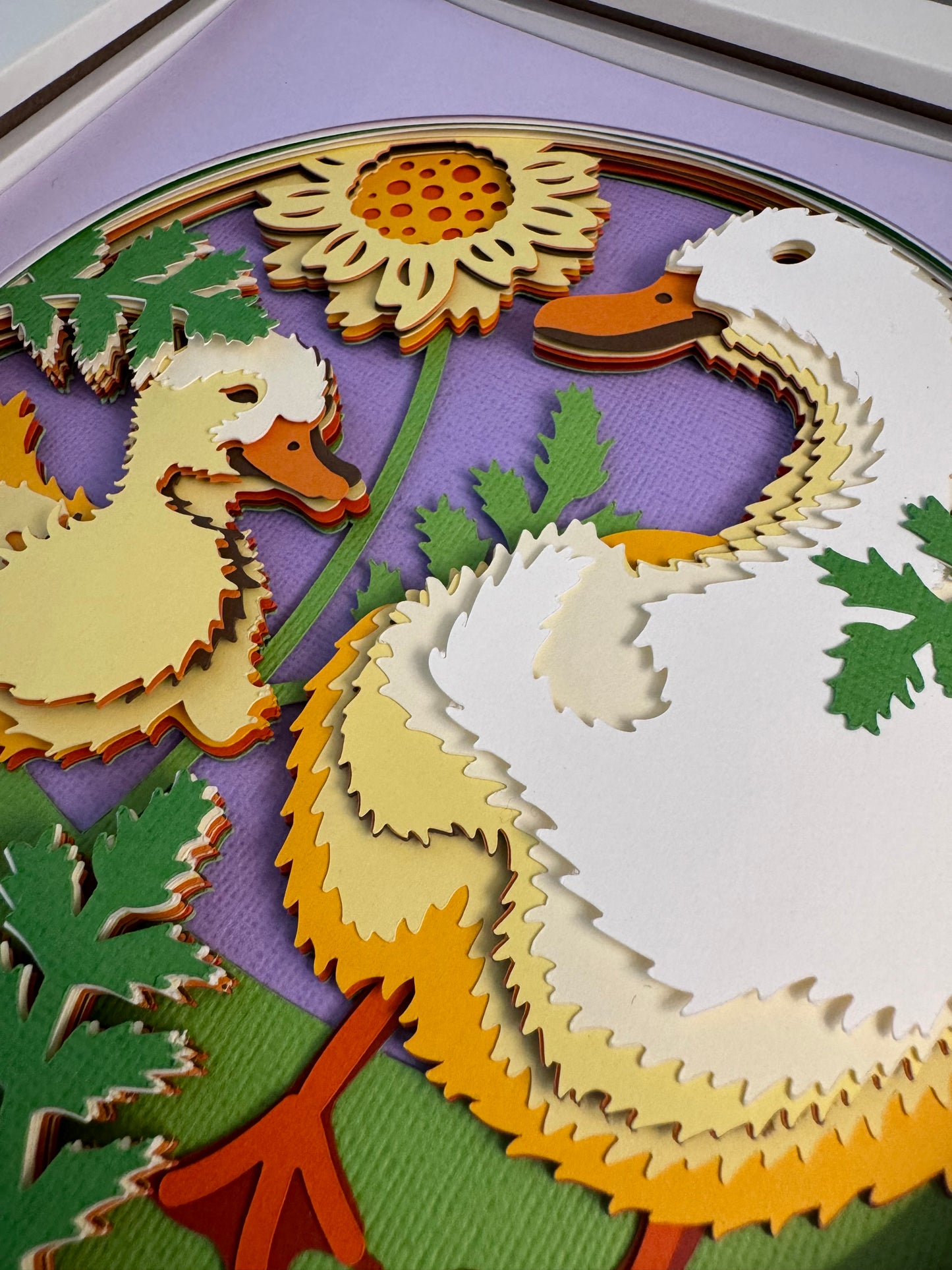 Mama duck and duckling 3D paper art in a shadowbox