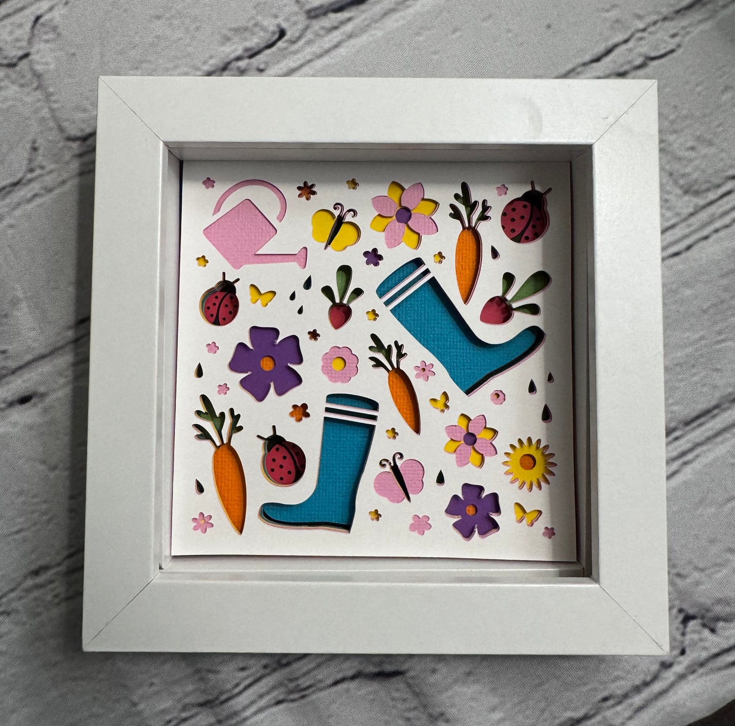 Gardening playful collage scene mini 3D paper art in a shadowbox