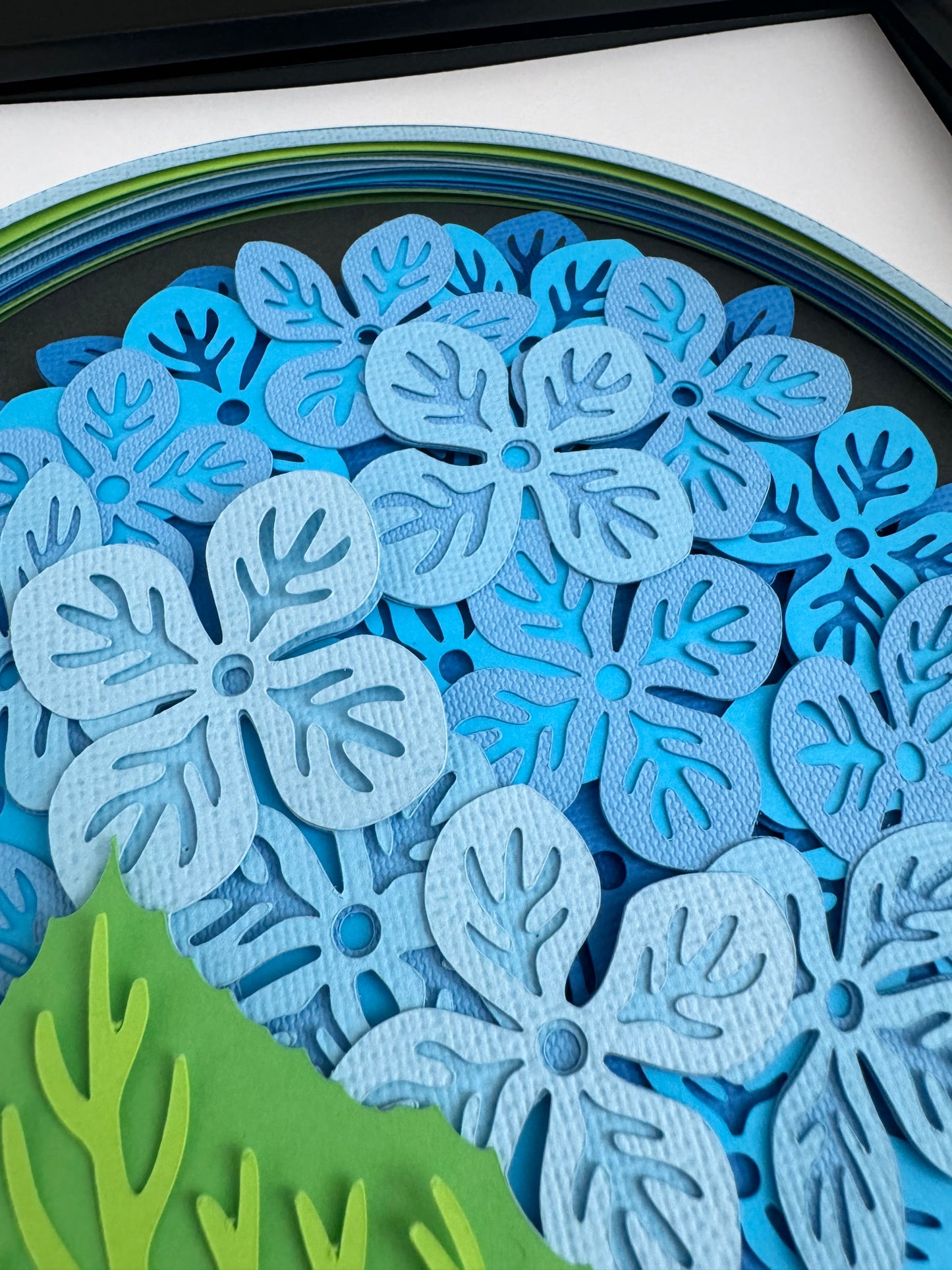 Hydrangea branch flowers 3D paper art in a shadowbox