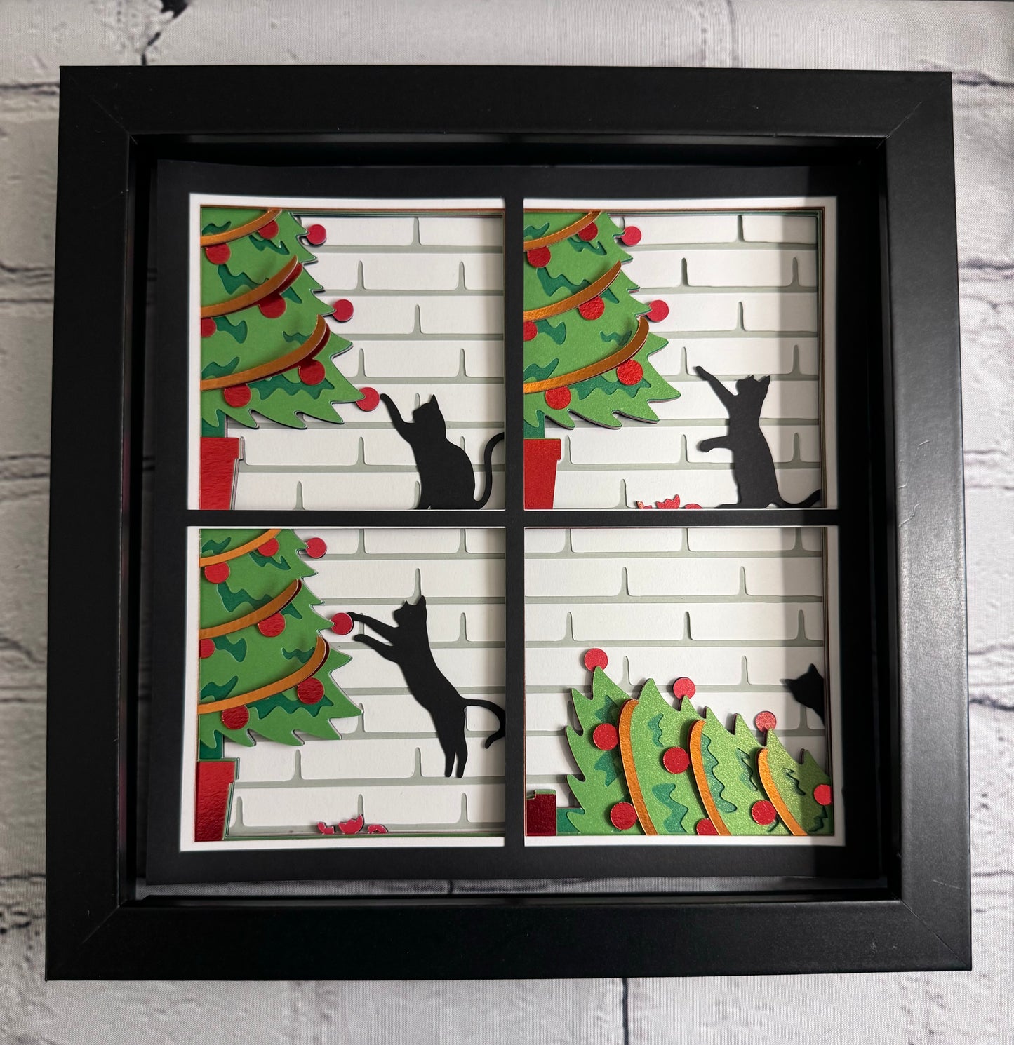 Crazy cat with Christmas tree mini 3D paper art shadowbox