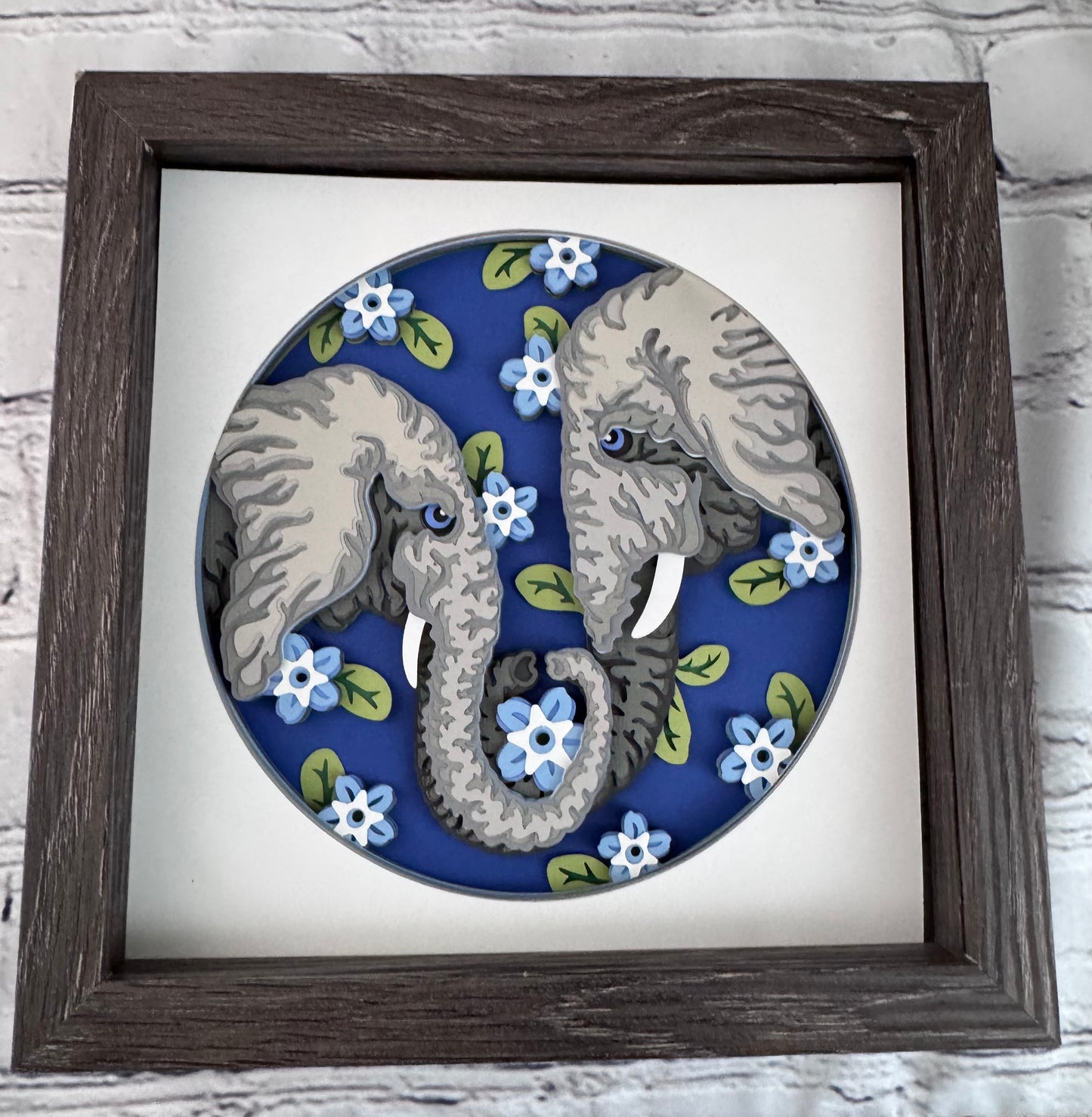 Elephant pair 3D paper art in a shadowbox