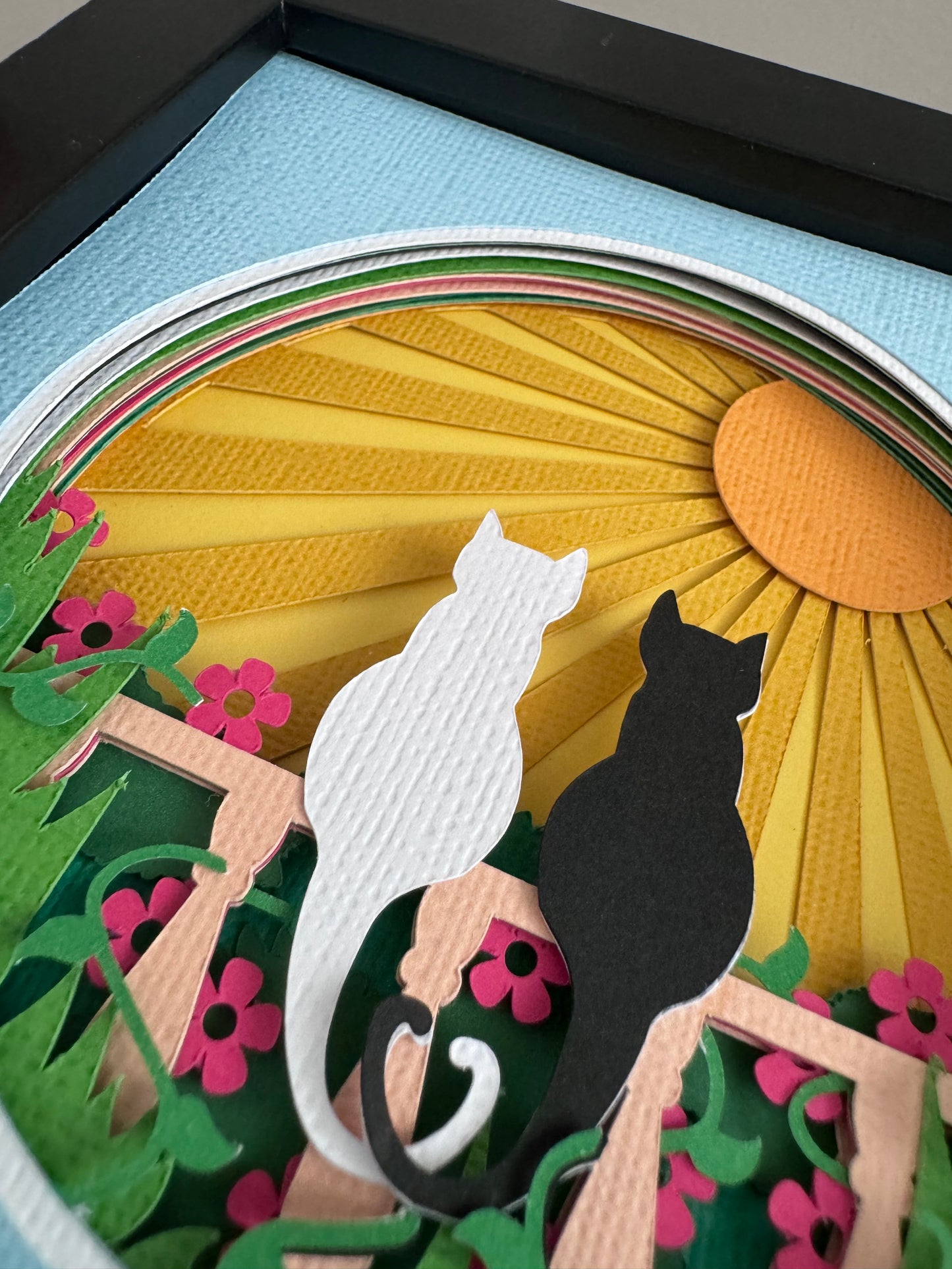 Two cats on fence with heart tails 3D paper art in a shadowbox