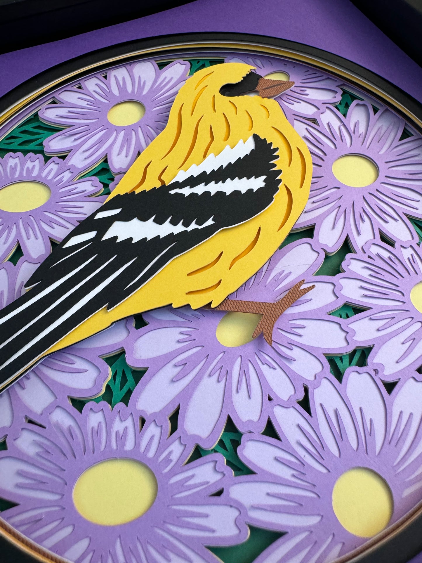 Goldfinch on purple flowers 3D paper art in a shadowbox