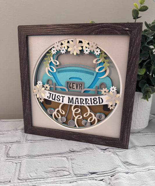 Just married 3D paper art in a shadowbox