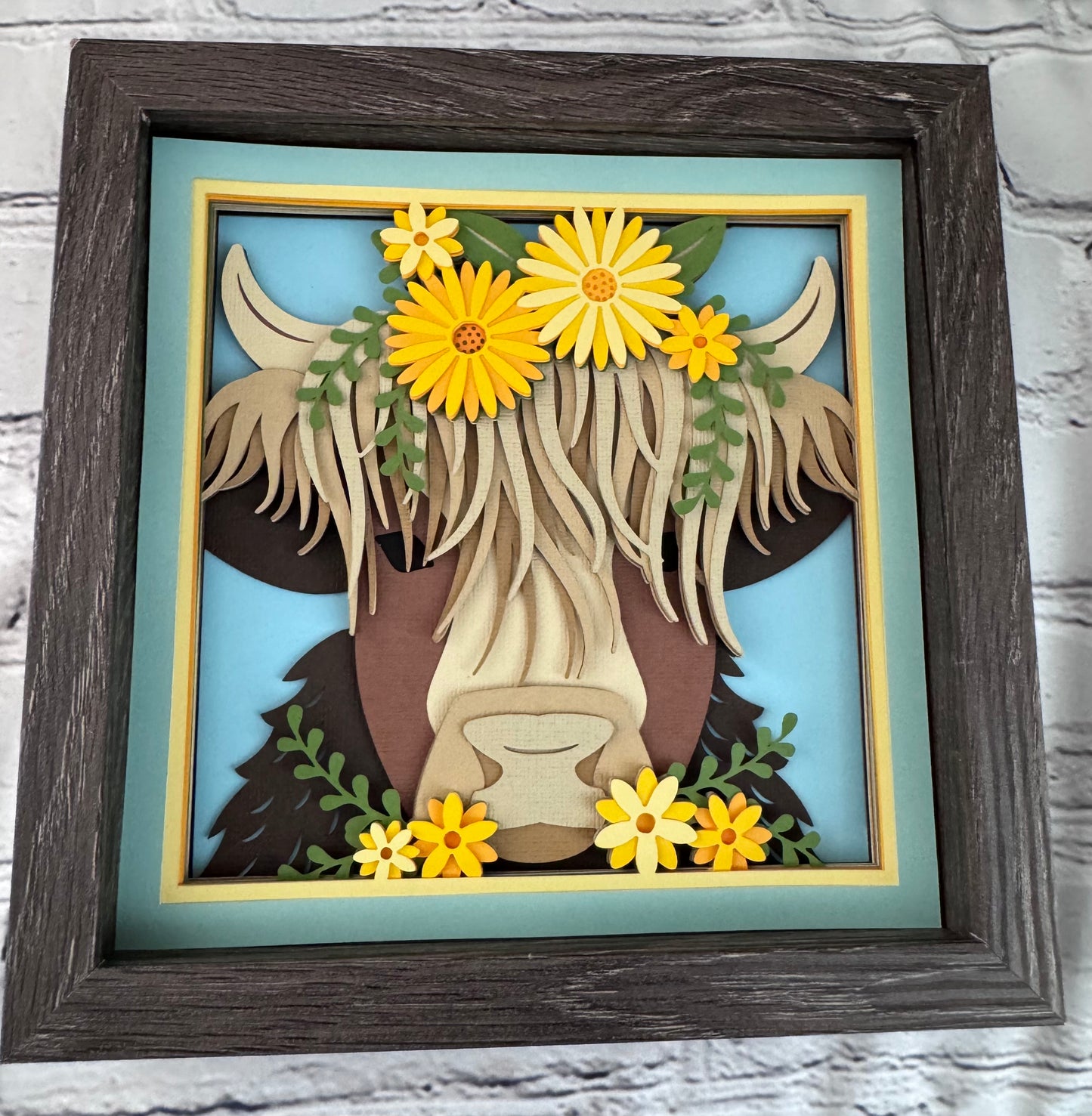 Highland cow close up 3D paper art shadowbox