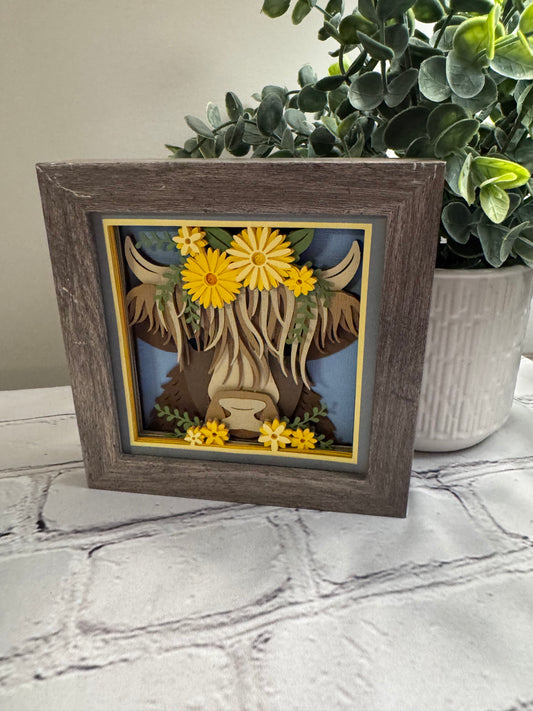 Highland cow close up mini 3D paper art in a shadowbox