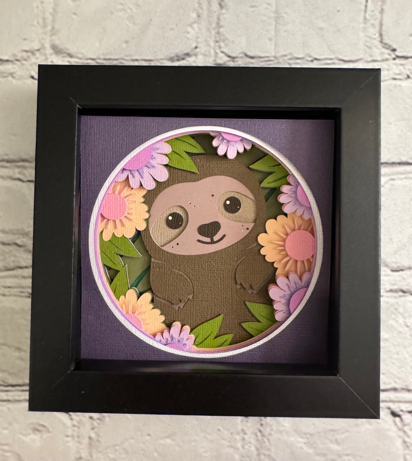 Sloth in flowers mini 3D paper art in a shadowbox