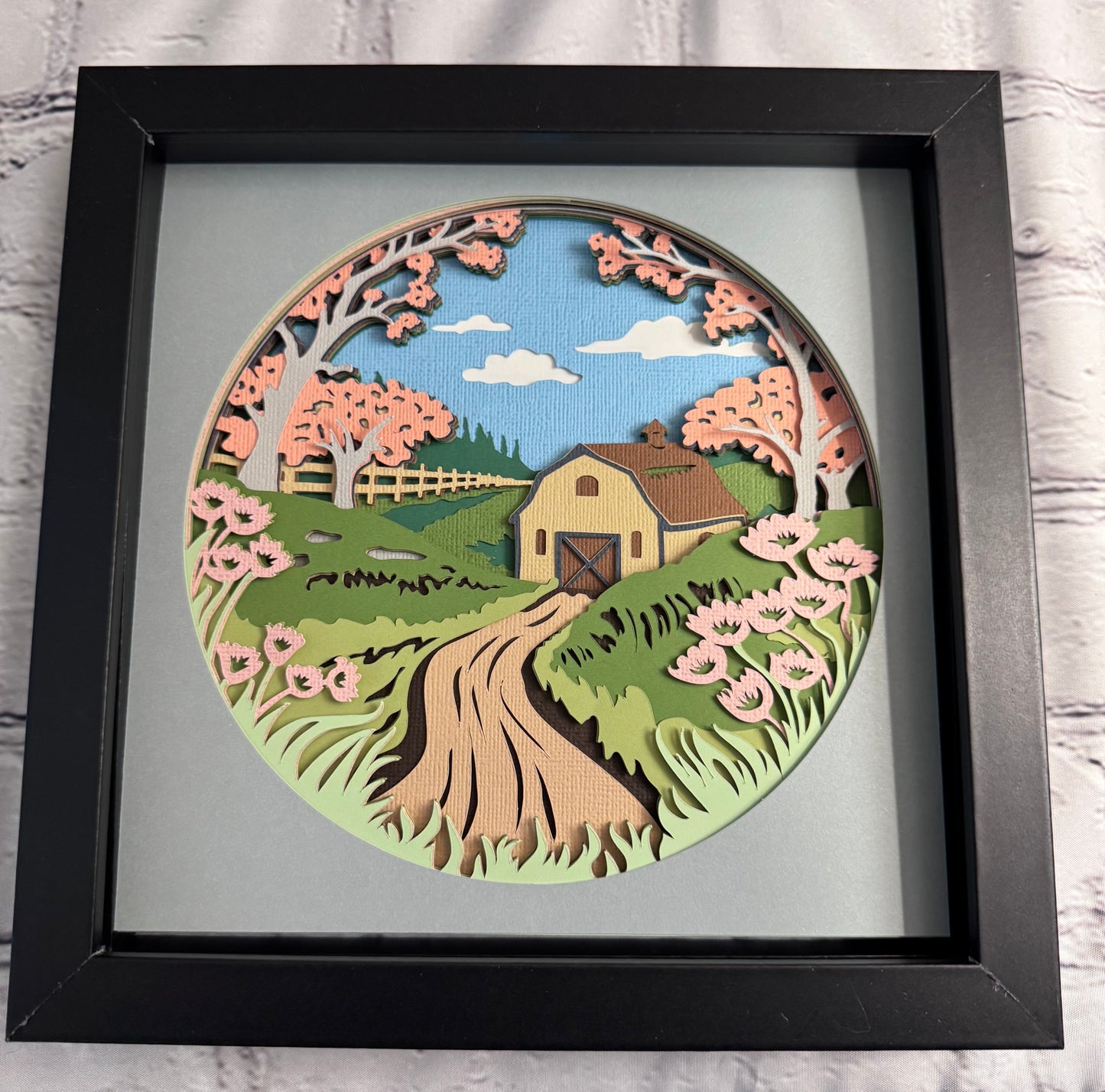 Spring barn 3D paper art in a shadowbox