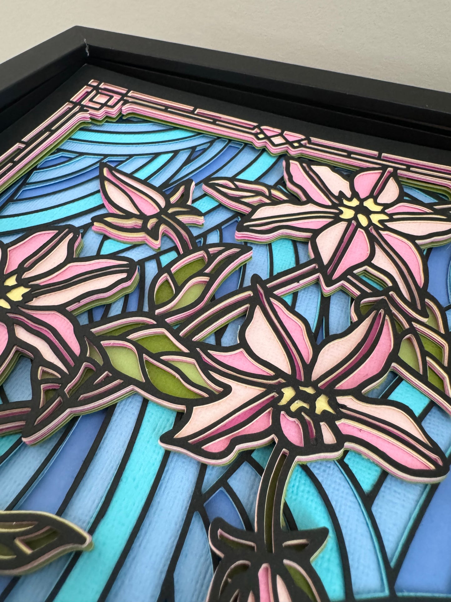 Stained glass pink clematis 3D paper art in a shadowbox