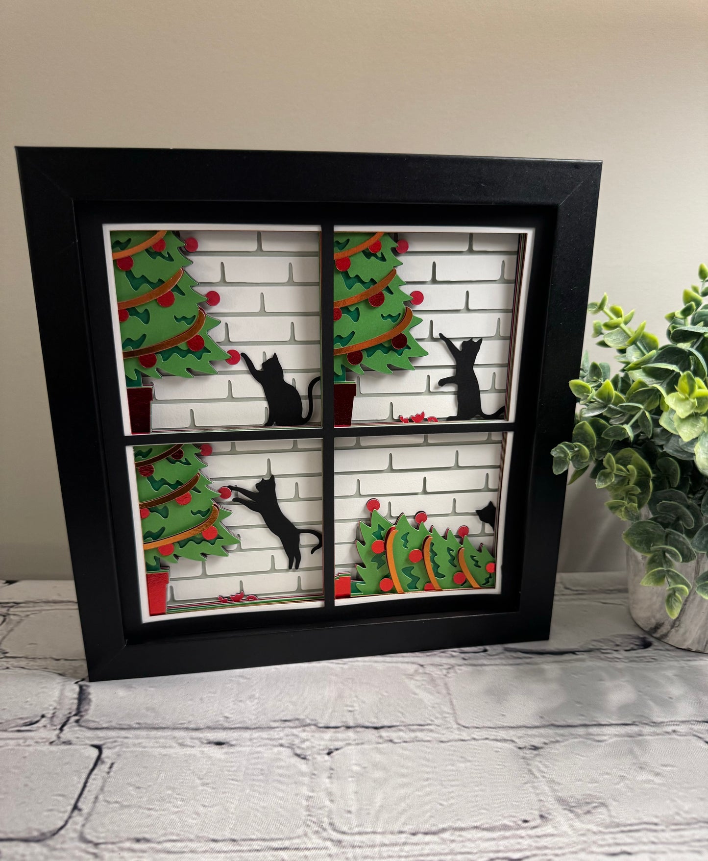 Crazy cat with Christmas tree mini 3D paper art shadowbox