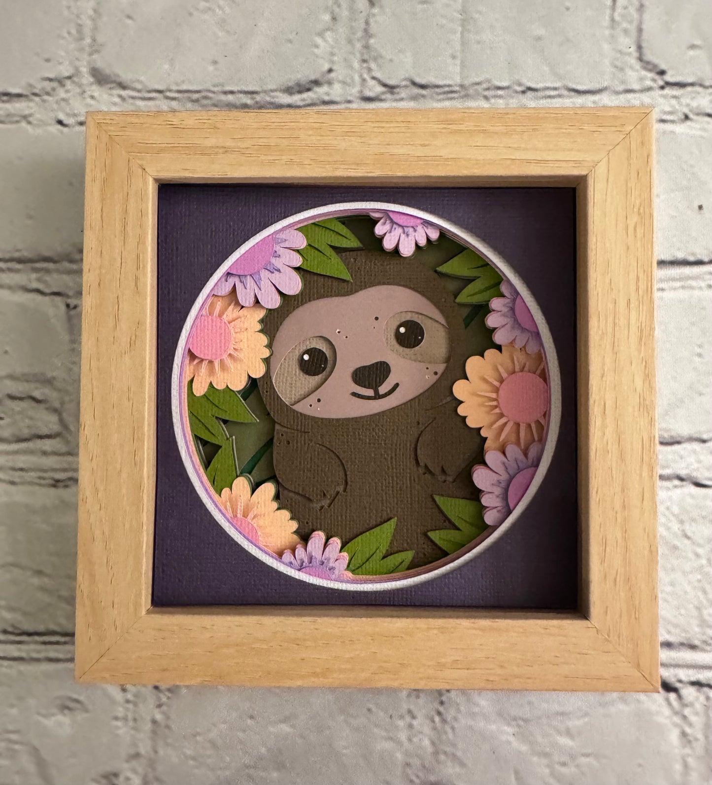 Sloth in flowers mini 3D paper art in a shadowbox