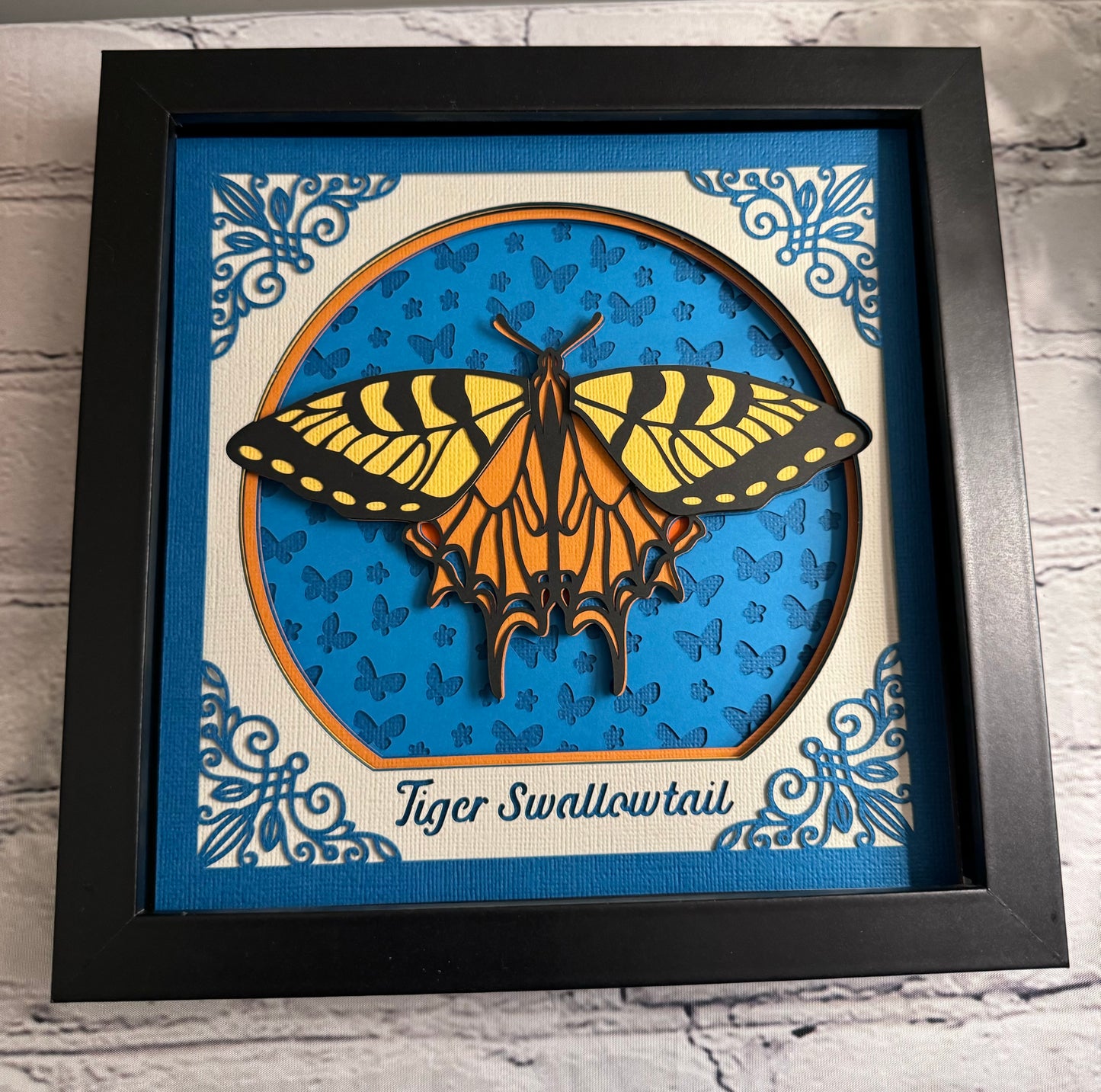 Intricate frame tiger swallowtail butterfly 3D paper art in a shadowbox