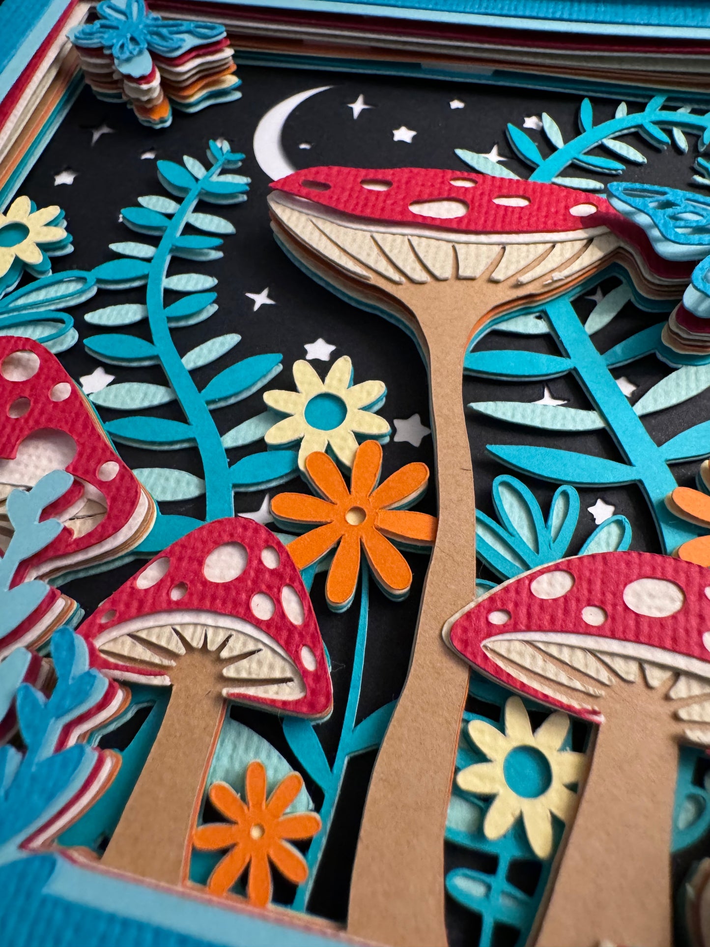 Mushroom colorful scene mini 3D paper art in a shadowbox